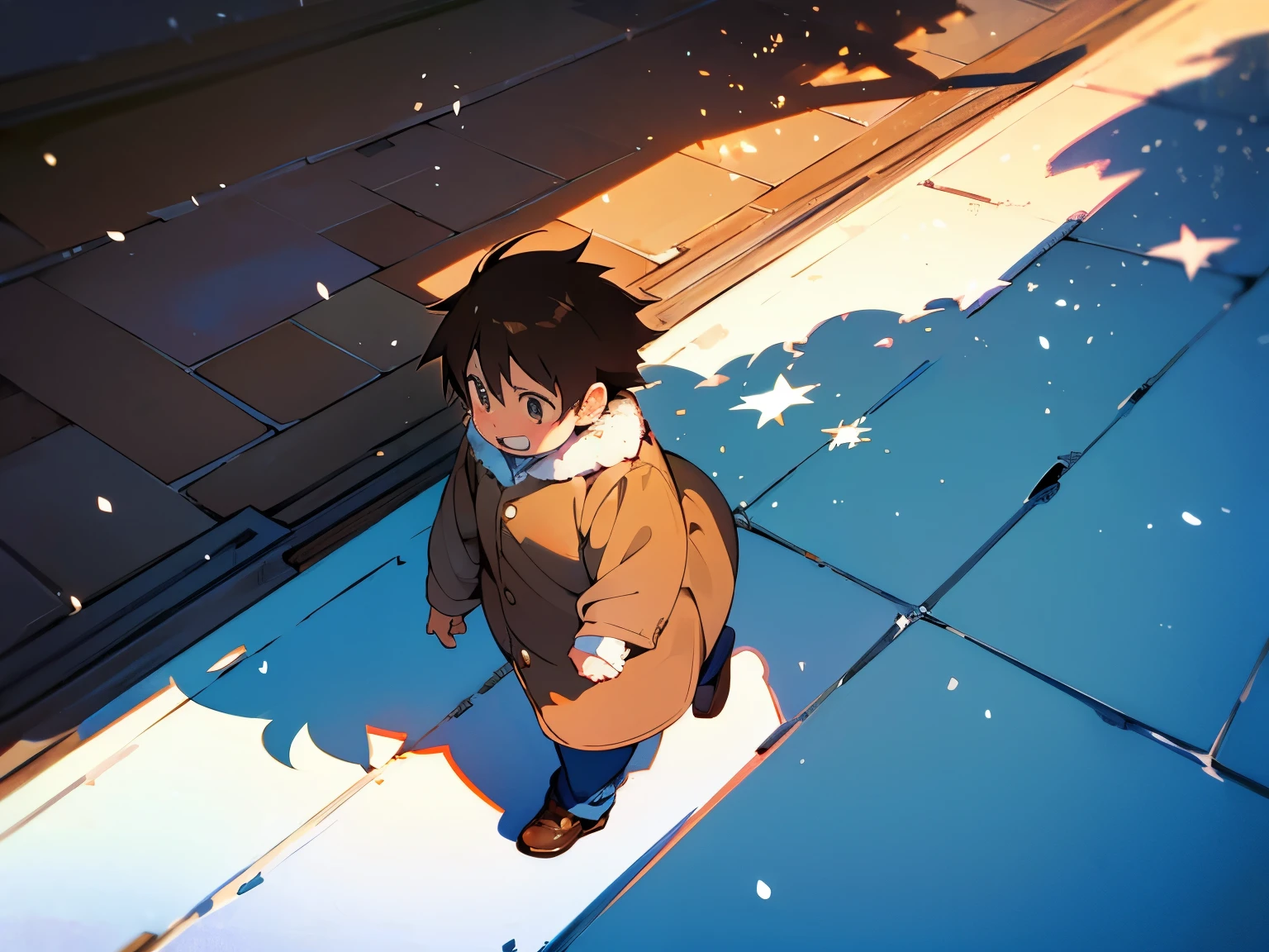 (best quality,Super precise depiction,one boy,fat,perfect anime illustration),boy walking on the street,blue sky,winter city,anime style,brown color,soft sunlight,strong shadows,detailed background,flowing brown hair,laughing expression,clean lines,crisp details,high resolution,impeccable shading,realistic lighting effect,sparkling snowflakes,frosty breath,icy sidewalks,cozy atmosphere, haruyukiarita, ((hiperdetalhado))