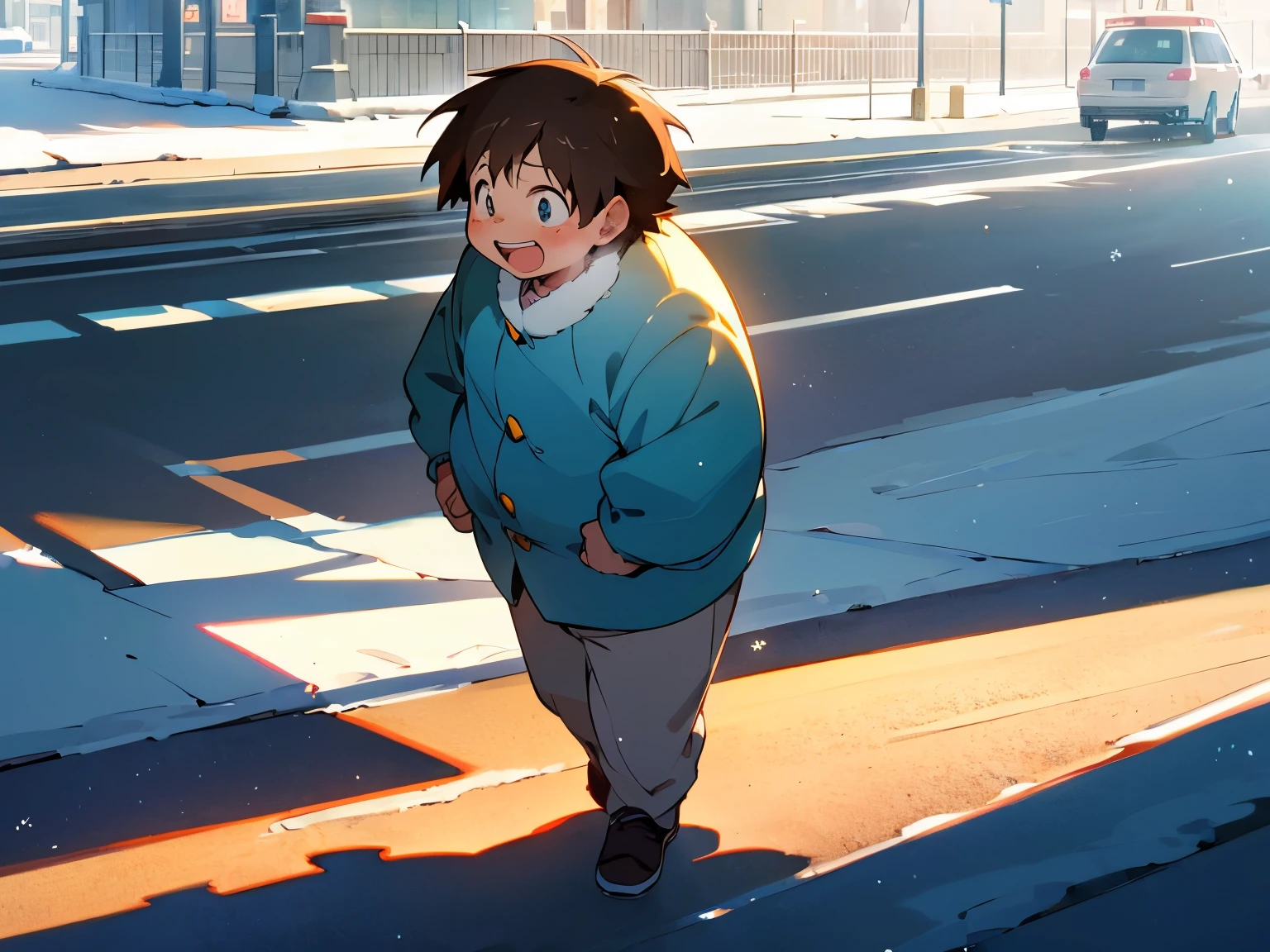 (best quality,Super precise depiction,one boy,fat,perfect anime illustration),boy walking on the street,blue sky,winter city,anime style,brown color,soft sunlight,strong shadows,detailed background,flowing brown hair,laughing expression,clean lines,crisp details,high resolution,impeccable shading,realistic lighting effect,sparkling snowflakes,frosty breath,icy sidewalks,cozy atmosphere, haruyukiarita, ((hiperdetalhado))