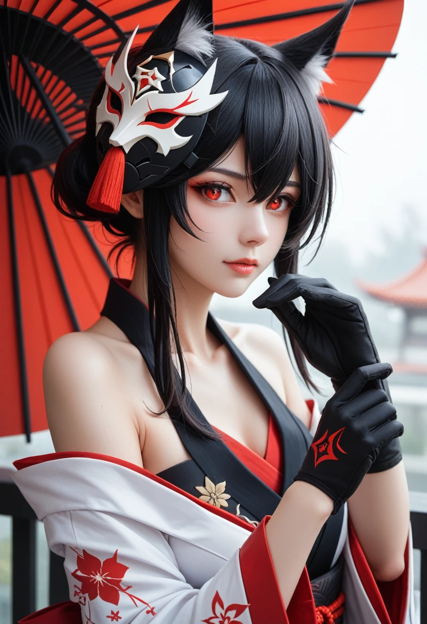 personal. sparkle \(Honkai: Star Rail\),1 girl,alone,glove,mask,Fox Japanese clothes,black,Bare shoulders, Black hair, Red hair, Red eyes,  Has long black hair, และมีRed eyes. ฉันมีmaskจิ้งจอกอยู่บนศีรษะของฉัน. Sly eyes, Hands touching one&#39;s cheeks, เปิดmask, Evil Lover Flower Yandere Student, Red lips. Beautiful makeup, Darkroom background, Dark tones, It&#39;s a wide angle shot.