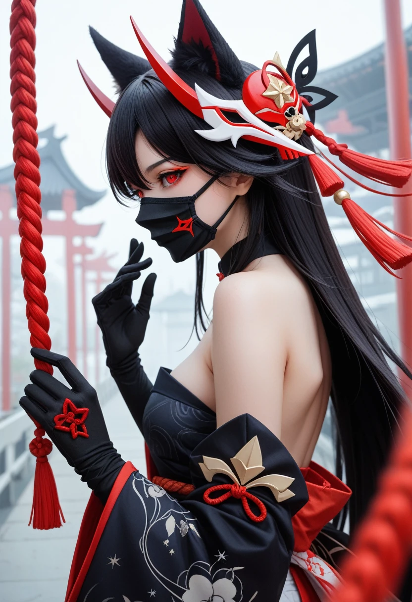 personal. sparkle \(Honkai: Star Rail\),1 girl,alone,glove,mask,Fox Japanese clothes,black,Bare shoulders, Black hair, Red hair, Red eyes,  Has long black hair, และมีRed eyes. ฉันมีmaskจิ้งจอกอยู่บนศีรษะของฉัน. Sly eyes, Hands touching one&#39;s cheeks, เปิดmask, Evil Lover Flower Yandere Student, Red lips. Beautiful makeup, Darkroom background, Dark tones, It&#39;s a wide angle shot.