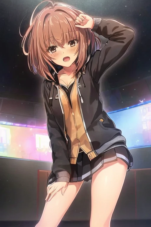 (Highly detailed CG Unity 8K), (Best Quality)，(Very detailed)，(Ultra-high resolution), masterpiece, Best Quality, Absurd, Izuka_Minors, One girl、Black Eyes、Black Hair、Medium Hair、Short Hair、bangs、Hair Intake、high school student、hoodie、jacket、black jacket、Black Skirt、Viewers watching the girl、Girl looking at the audience