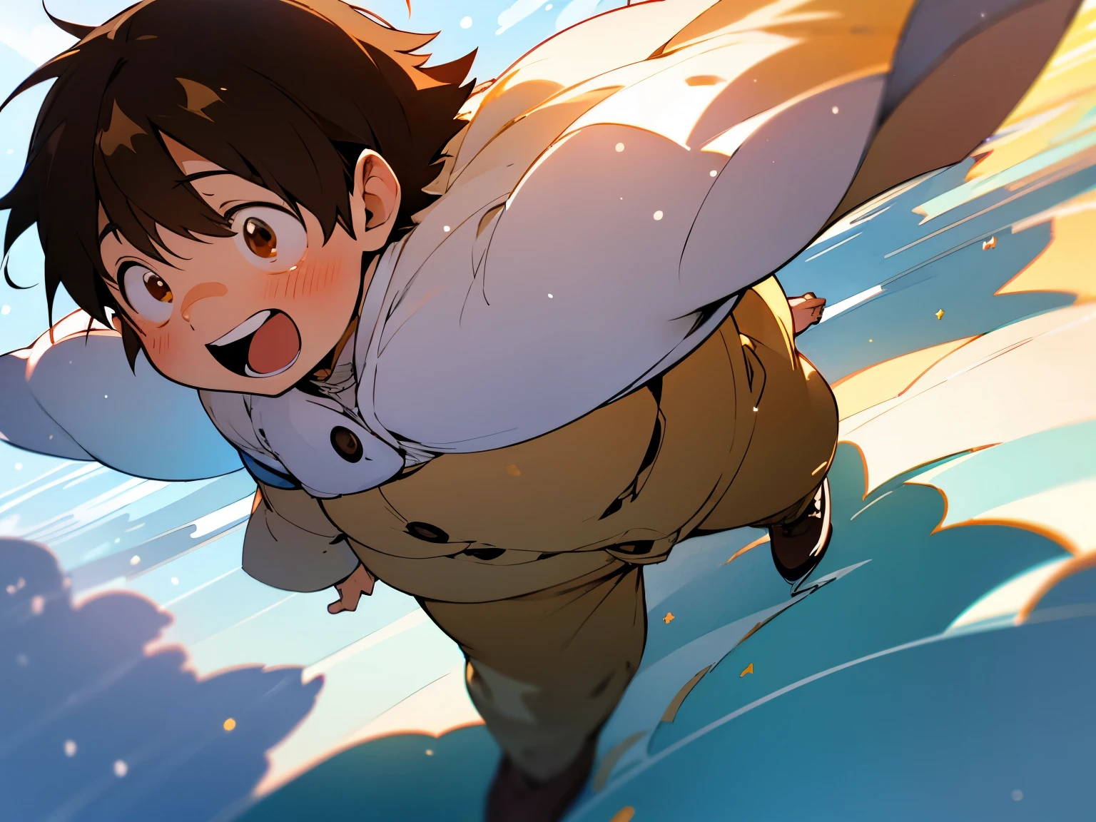 (best quality,Super precise depiction,one boy,fat,perfect anime illustration),boy walking on the street,blue sky,winter city,anime style,brown color,soft sunlight,strong shadows,detailed background,flowing brown hair,laughing expression,clean lines,crisp details,high resolution,impeccable shading,realistic lighting effect,sparkling snowflakes,frosty breath,icy sidewalks,cozy atmosphere, haruyukiarita, ((hiperdetalhado))