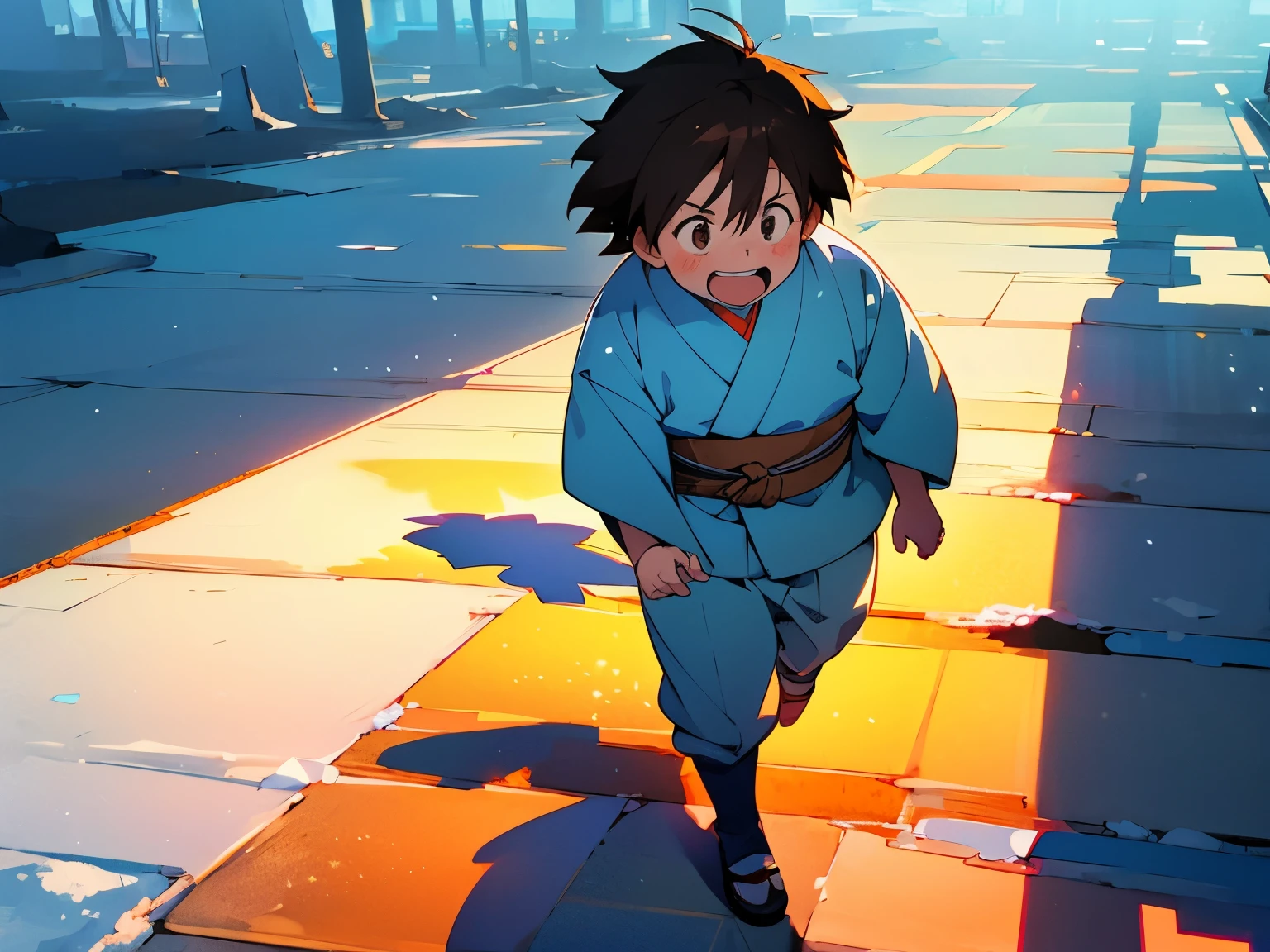 (best quality,Super precise depiction,one boy,fat,perfect anime illustration),boy walking on the street,shinobi, kimono,blue sky,winter city,anime style,brown color,soft sunlight,strong shadows,detailed background,brown hair,laughing expression,clean lines,crisp details,high resolution,impeccable shading,realistic lighting effect,sparkling snowflakes,frosty breath,icy sidewalks,cozy atmosphere, haruyukiarita, ((hiperdetalhado))