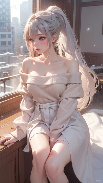 (tmasterpiece,HighestQuali),An English girl,12 year old girl,(greyt hair),(Qi bangs),(Pale yellow pupils),White nightdress,Wearing a white sweater,(naked leg),cute big breasts,Cold,Ten Thousand Female Kings,looking at viewert,simplebackground