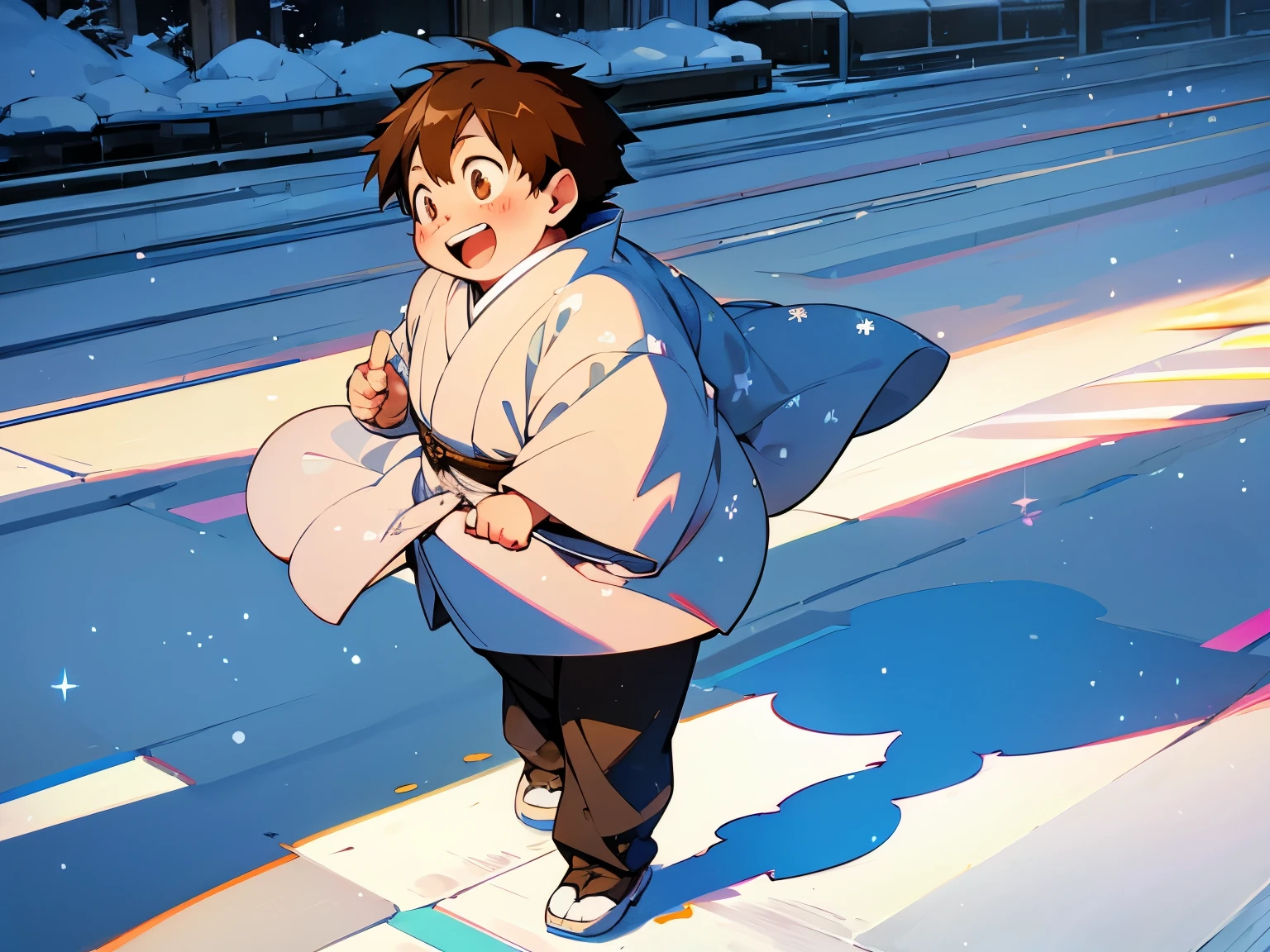 (best quality,Super precise depiction,one boy,fat,teen,perfect anime illustration),boy walking on the street,shinobi, kimono,blue sky,winter city,anime style,brown color,soft sunlight,strong shadows,detailed background,brown hair,laughing expression,clean lines,crisp details,high resolution,impeccable shading,realistic lighting effect,sparkling snowflakes,frosty breath,icy sidewalks,cozy atmosphere, haruyukiarita, ((hiperdetalhado))