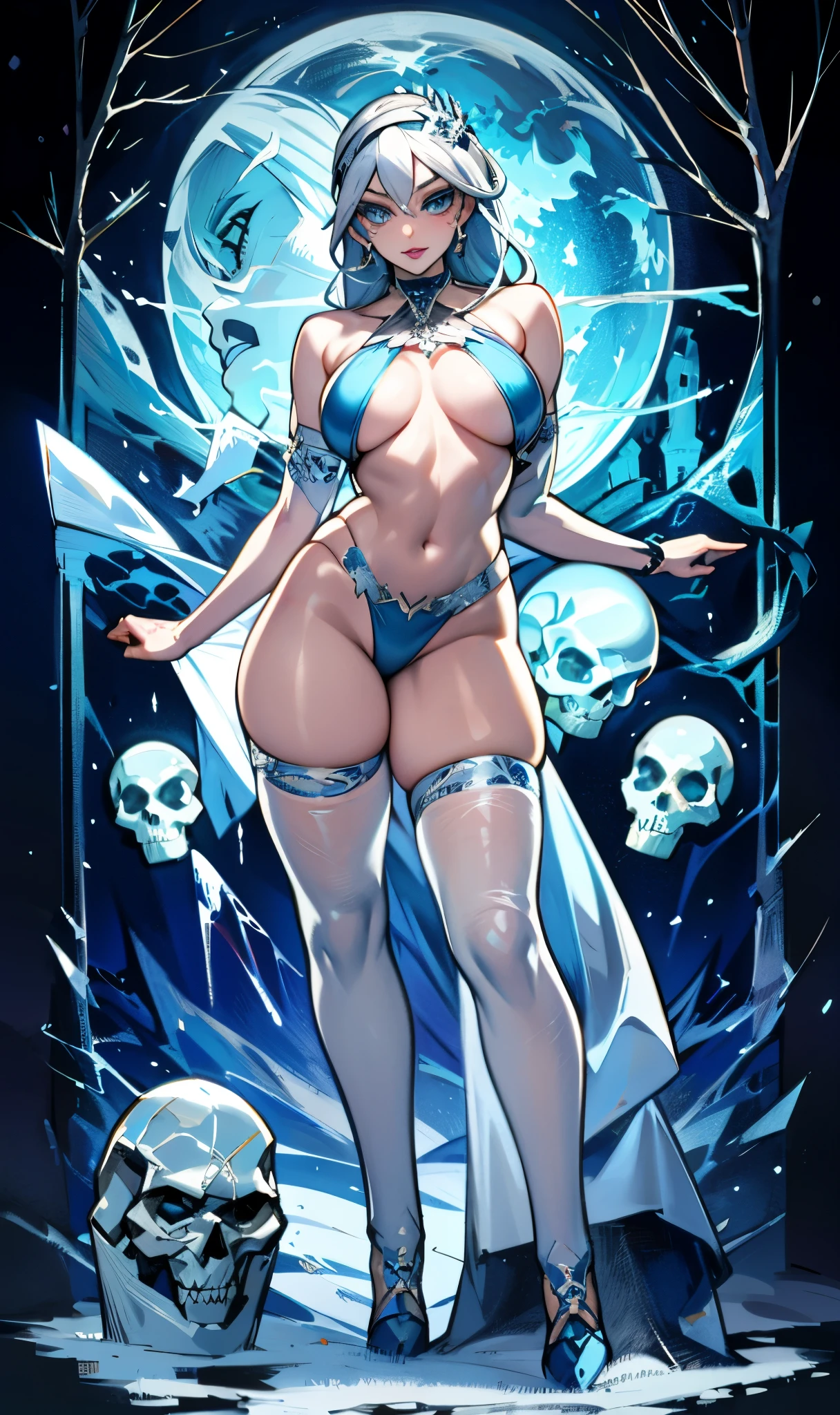 (best quality, highres, ice skull:1.1), ice skull, girl style, thick body art, detailed facial features, icy blue eyes, glossy lips, long eyelashes, porcelain skin, blue and silver color scheme, intricate skull design, realistic texture, vibrant colors, elaborate background, mysterious atmosphere, frozen garden, snow-covered trees, sparkling ice crystals, surreal lighting, fantasy elements