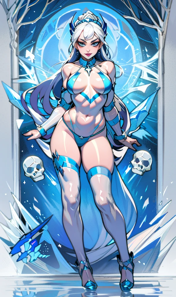 (best quality, highres, ice skull:1.1), ice skull, girl style, thick body art, detailed facial features, icy blue eyes, glossy lips, long eyelashes, porcelain skin, blue and silver color scheme, intricate skull design, realistic texture, vibrant colors, elaborate background, mysterious atmosphere, frozen garden, snow-covered trees, sparkling ice crystals, surreal lighting, fantasy elements
