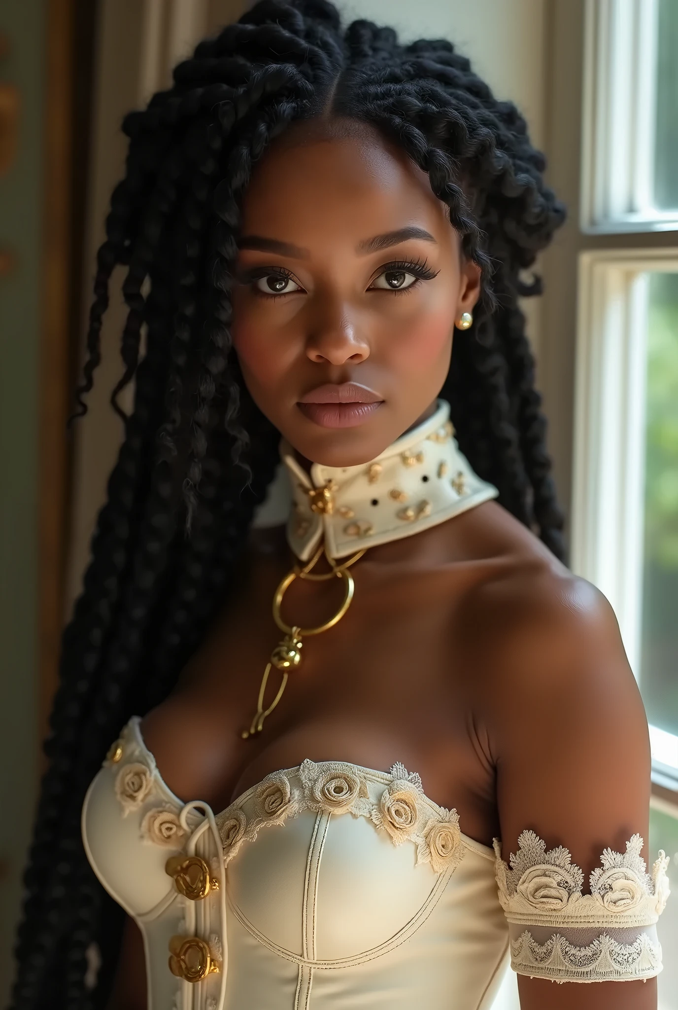 there is a (short) beautiful aroused young dark-skinned Haitian ((Voodoo priestess)) with long wavy indigo hair leaning against bookshelf, (panting erotic expression) in a study room, (mess of herbal joints and teapot beside her on desk), (wearing luxurious silk Voodoo priestess garbs with wand in hand, (very small flat breasts) and dainty navel piercing), (wearing sapphire jewel necklace), (wearing detailed leather gloves), (copious incense and tall candles burning in background), (overgrown potted cannabis sativa plants), (plump legs, visible hairy pubes), (llama sleeping outside of window)