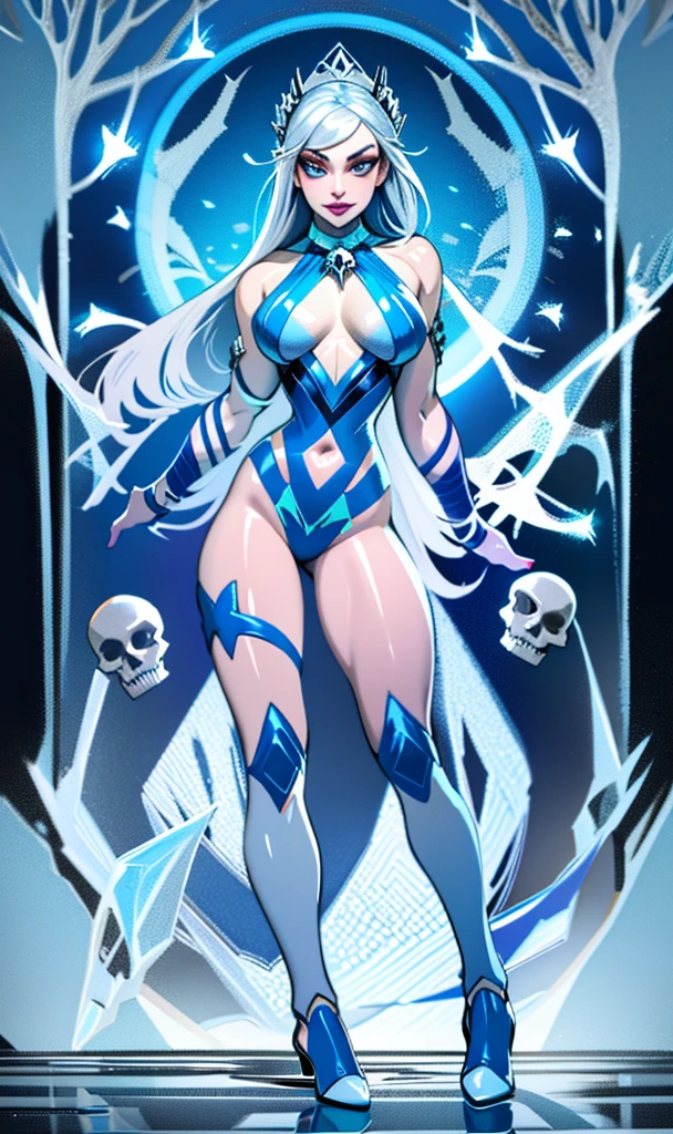 (best quality, highres, ice skull:1.1), ice skull, girl style, thick body art, detailed facial features, icy blue eyes, glossy lips, long eyelashes, porcelain skin, blue and silver color scheme, intricate skull design, realistic texture, vibrant colors, elaborate background, mysterious atmosphere, frozen garden, snow-covered trees, sparkling ice crystals, surreal lighting, fantasy elements
