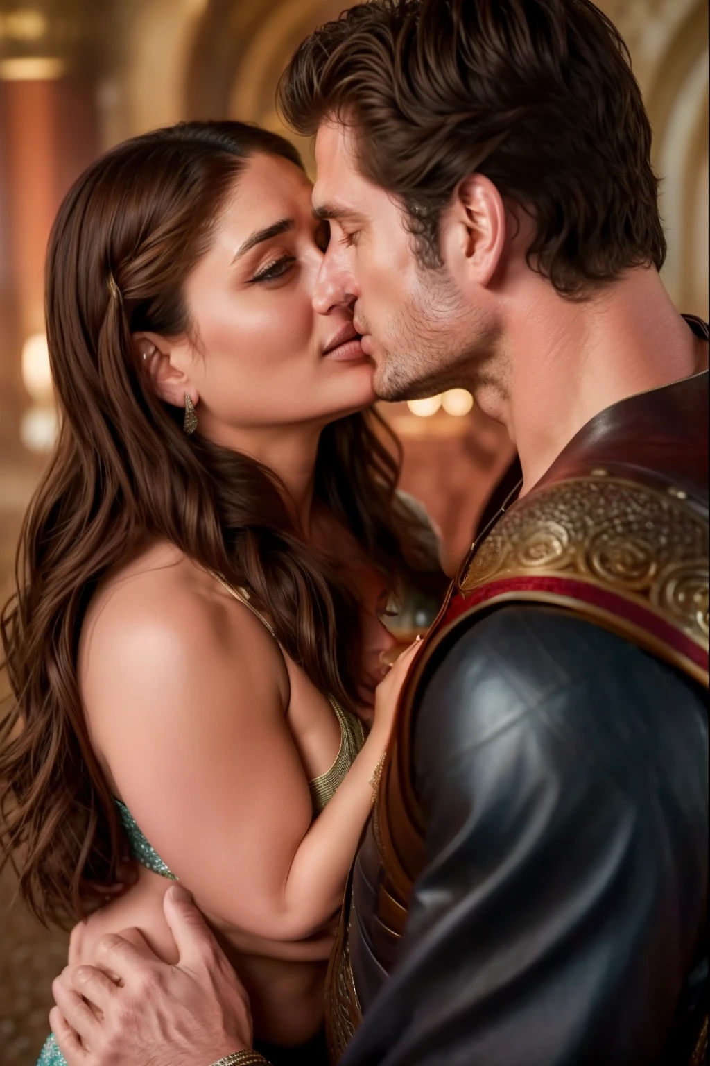 A Hollywood movie poster with Kareena Kapoor and Henry Cavill. game of thrones .They're smiling and ready to kissing , kareena is in half naked. Only two persons in the poster 