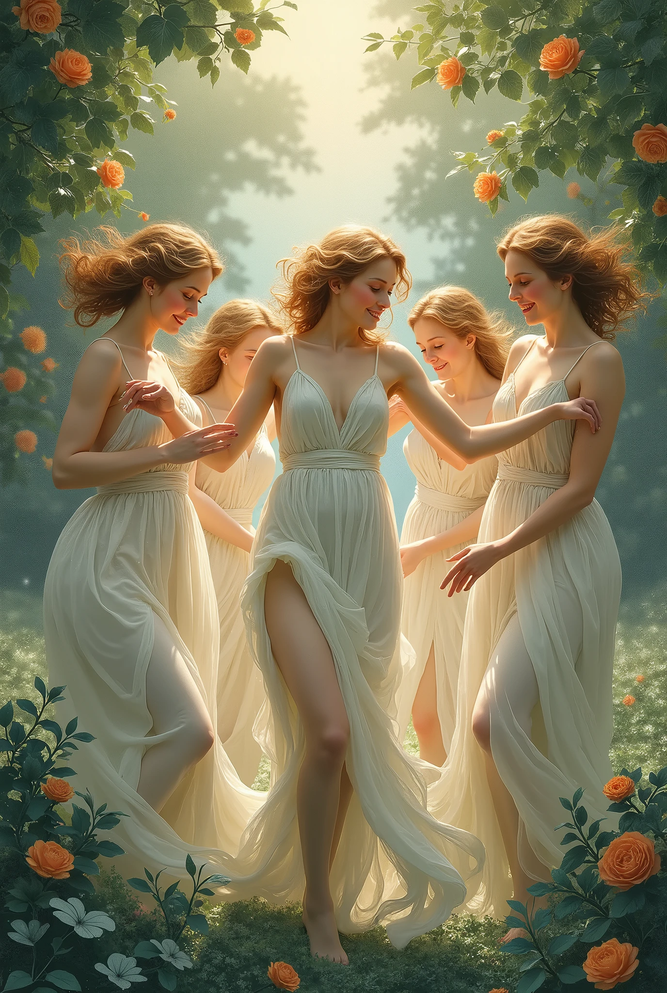 Three women in dresses are walking through a garden of roses - SeaArt AI