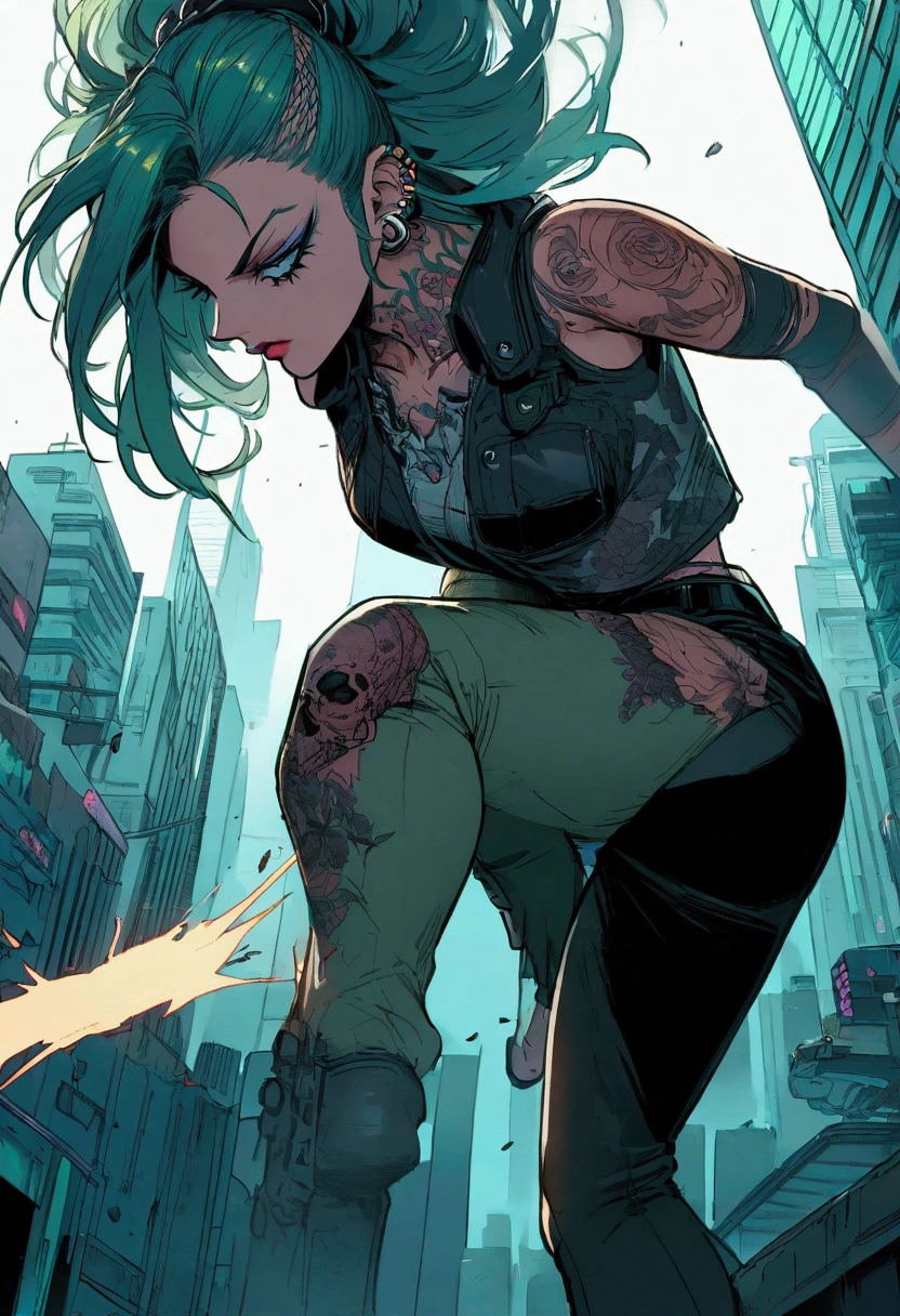 professional modern Comic art of android 18, with detailed messy disheveled colored straight blonde hair, wearing detailed (([translucent:0.4])), wearing (uncomfortably tight) weird future fashion (tshirt and (cargo pants, thigh pouches)) <lora:weird future fashion_v3:0.9>, (long bulky neon [black|blue|light blue|teal] (robe), thigh high strappy roman sandals):1, huge boobs, detailed hair, ((sexy sitting pose, legs crossed), sitting in a destroyed city (in front of a burning building)), flat colors, dynamic action pose, looking confident arrogant, smirking rolling eyes scoffing expression, looking off into distance, busy background, detailed toned body and face