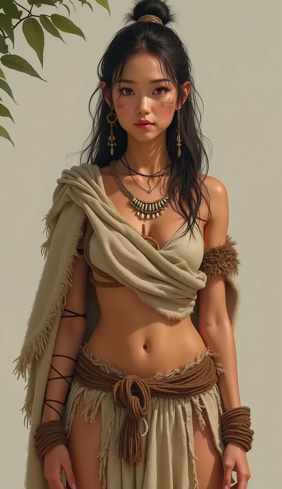 Halfling woman, bright eyes, curly hair, (fully body) wearing bright colorful jewelry and bracelets, ((nude)), gypsy in a forest clearing. Happy. watercolor illustration, dramatic lighting, (depth of field), ((masterpiece)), ((best quality)), ((highly detailed))