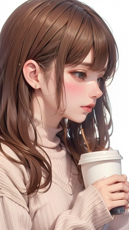 1 girl, Brown hair, sweater, Drink coffee, ((White background)), side view, The whole head