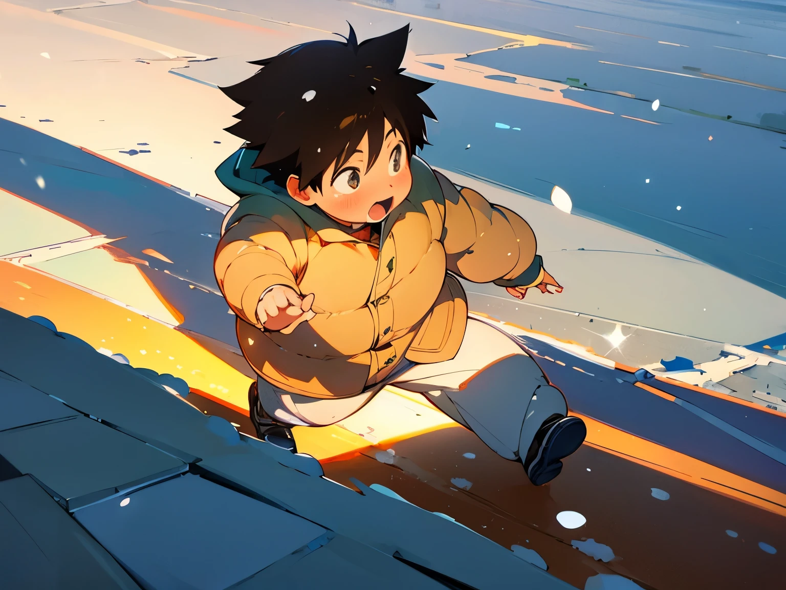 (best quality,Super precise depiction,one boy,fat,perfect anime illustration),boy walking on the street,blue sky,winter city,anime style,brown color,shinobi,ninja,soft sunlight,strong shadows,detailed background,flowing brown hair,laughing expression,clean lines,crisp details,high resolution,impeccable shading,realistic lighting effect,sparkling snowflakes,frosty breath,icy sidewalks,cozy atmosphere, haruyukiarita,hiperdetalhado,eatingchips
