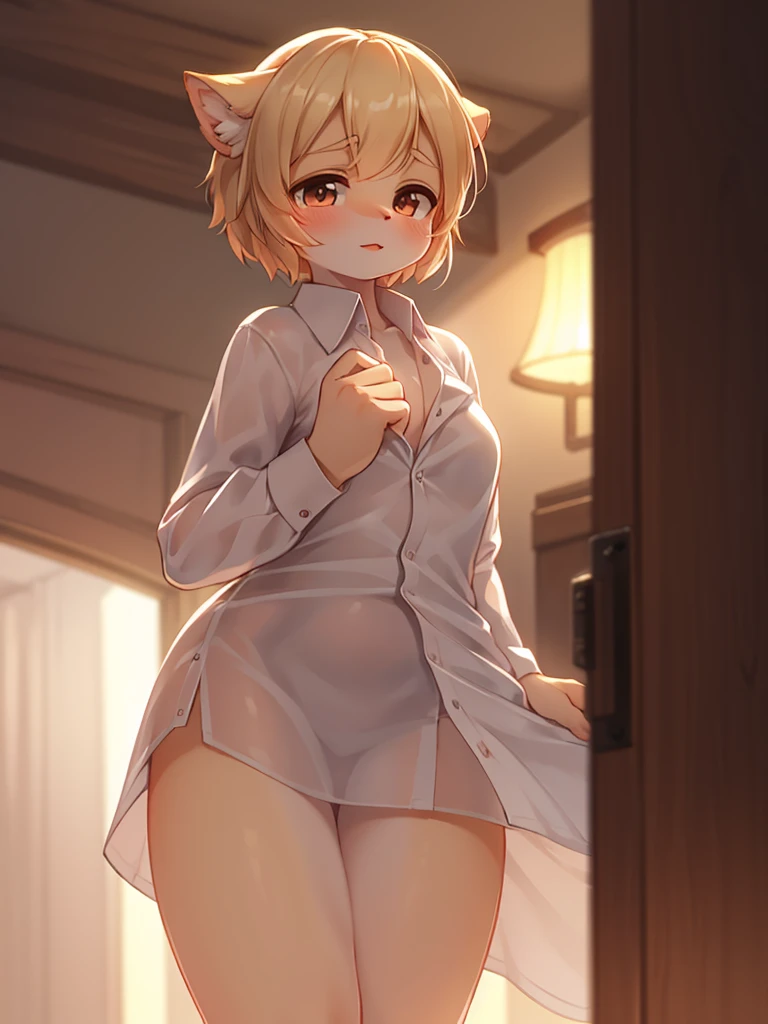 Browsing Caution,Sweat,White Breath,Crossdresser,Groin bulge,Standing posture,Large areola,White steam,Small breasts,Bunny costume,blonde low twintails,Meet at the door