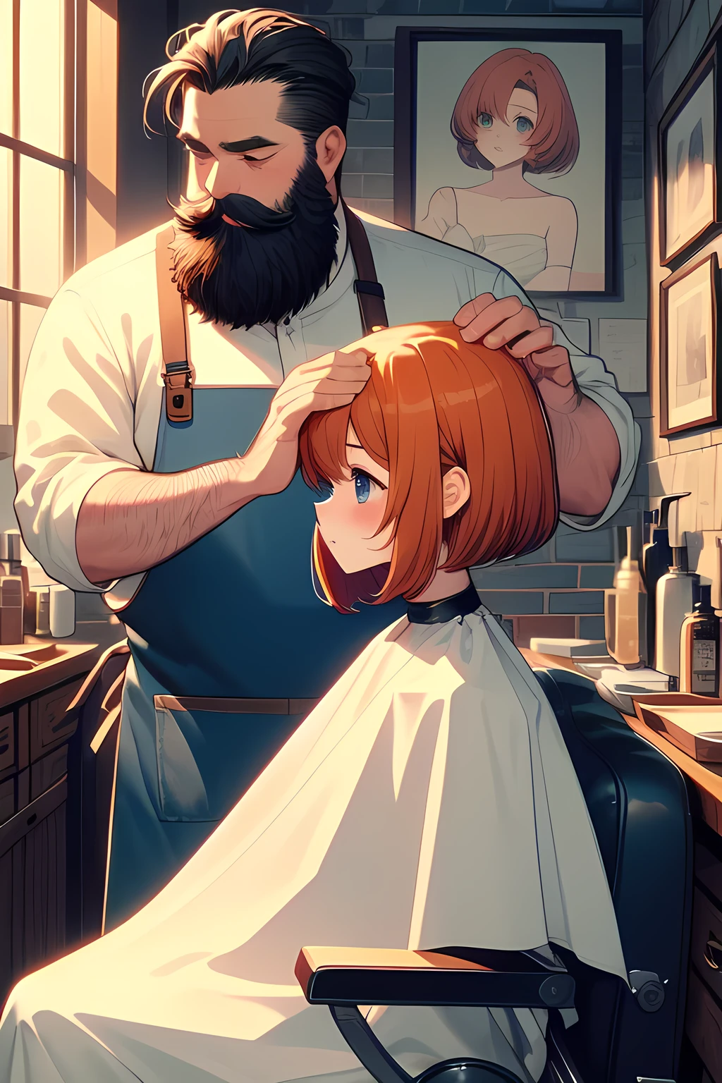 (((masterpiece))), (((Best Quality))), (((From the side))), (((Half Body))), (((close))), ((Retro Barber Shop)), ((Two people)), 1 man 1 woman, ((Fat bearded man wearing an apron、Comes with a mini comb for combing your hair。)), ((A girl in a white cloth is sitting on a swivel chair)), window, mirror, Portrait poster, Faded red brick wall, (Rena Ryuuguu), orange hair, short hair, blue eyes, shy,  smile, big ,  shape, ((night)), (((Twilight))),