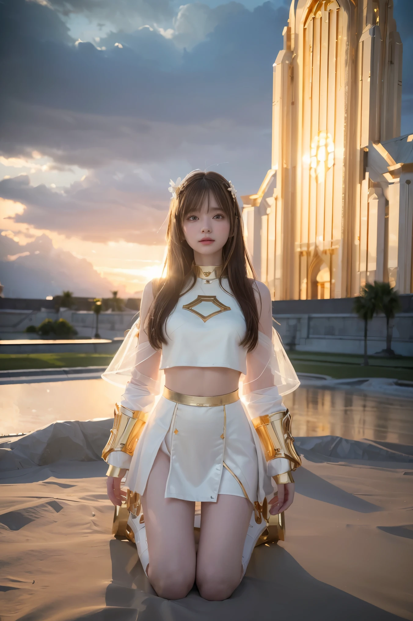 ((masterpiece, best quality, extremely detailed), volumetric lighting, ambient occlusion, colorful, glowing), 1girl, solo, young girl, (dark hair), long hair, halo, aura, sacred, goddess, cleric suit, (white outfit with gold detailst:1.3), armor, outdoors, sunset, sky, clouds, space, (fantasy theme:1.2), full body armor