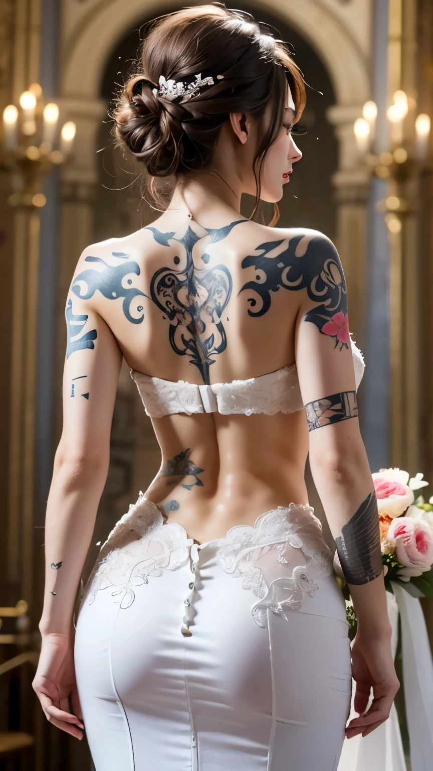 (ultra high definition, High quality,8k, masterpiece: 1.3), 1 Korean woman, alone, Short hair, (white wedding dress), Chiffon wedding dress, bridal veil, At the 39; inside the cathedral, Let's see one back, Back tattoo, colorful tattoos, (different color tattoos: 1.4), (full body tattoo: 1.5), (big ass: 1.4 ), big bust, Holding a bouquet., developed back muscles, lean stomach, I can see a little of your butt, Nose blade,