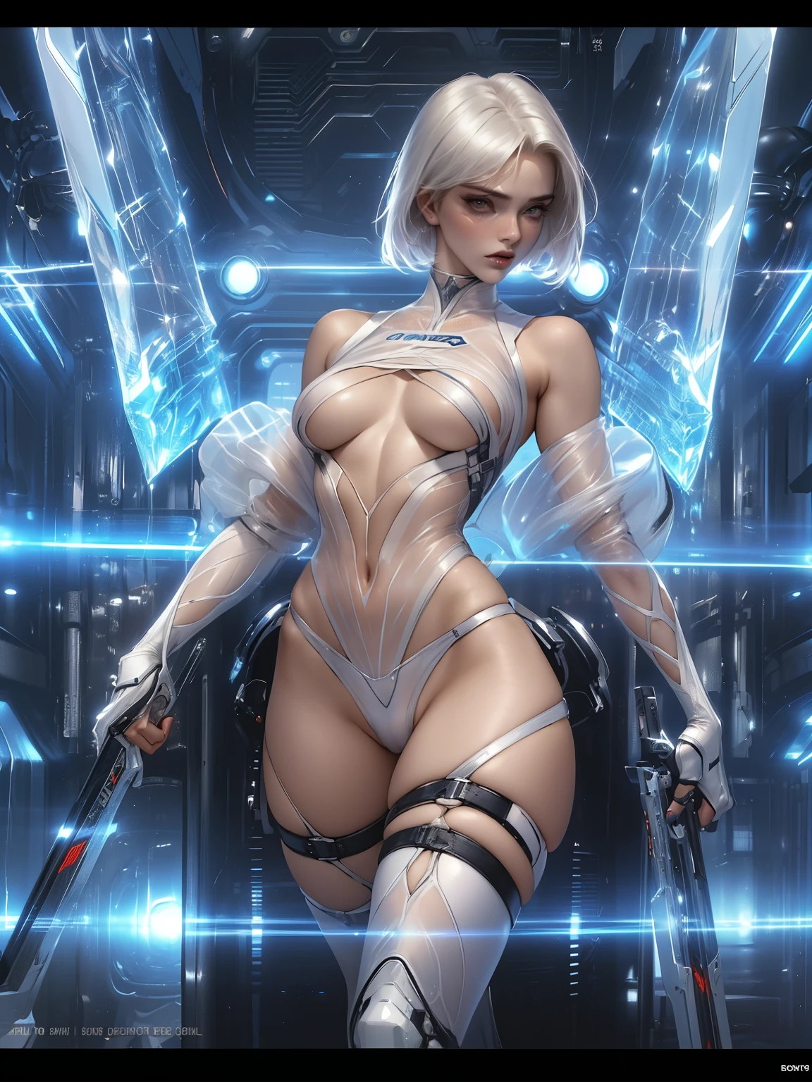 (real person, photo realistic, 4K, RAW), A athletic 2 Russian warrior woman almost naked in the Simon Bisley style for the cover of Heavy Metal magazine, bare thighs, garter belt, super short black hair, tight minimum clothing, transparent white carbon fiber clothing in chevron pattern, ((((tight transparent white clothing))), (((short-cut))), ((Annie Lennox)), (((20-years-old woman))), cowboy shot, ((best qualityer)), (((clothes 100% transparent white))), (Muscles), (((cyber samurai suit))), ((Perfect masterpiece)), (detailded: 1.4), (absurdrez), (((Bob Hair))), (((full body fitness, neckline showing part of the breasts, underboob, sideboob)), (((short hair woman, blushful))), 2 woman, beautiful sexy woman, giant robot pilot, wild with perfect corpo fitness, wearing small mecha battle armor clothes, tiny thong, Simon Bisley styled for the cover of Heavy Metal magazine, clothing with Japanese cyberpunk graphic patterns, Halftone pattern and vertical stripes, earth tone, exiting the body of a giant robot