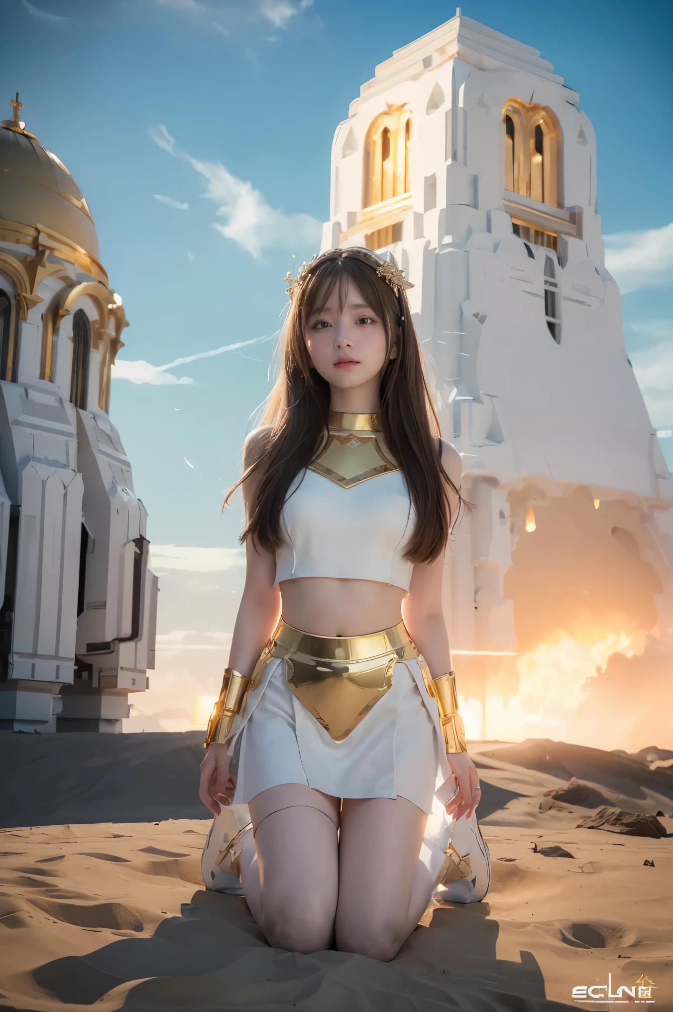 ((masterpiece, best quality, extremely detailed), volumetric lighting, ambient occlusion, colorful, glowing), 1girl, solo, young girl, (dark hair), long hair, halo, aura, sacred, goddess, cleric suit, (white outfit with gold detailst:1.3), armor, outdoors, sunset, sky, clouds, space, (fantasy theme:1.2), full body armor