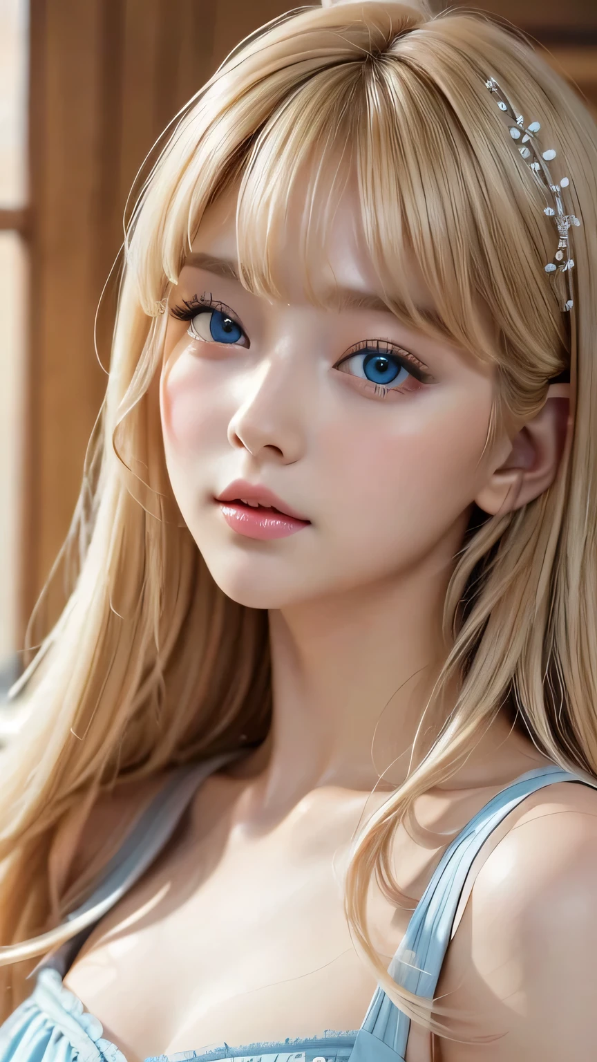 Best Quality、masterpiece、(Realistic:1.4)、One very beautiful blonde girl、Dazzlingly long blonde hair、Beautiful bangs、、Very beautiful, large, shining, extremely bright light blue eyes、front、Very cute  with detailed face、Beautiful very light eyes、Small Face Beauty、 beautiful girl、Cheek gloss highlight、round face