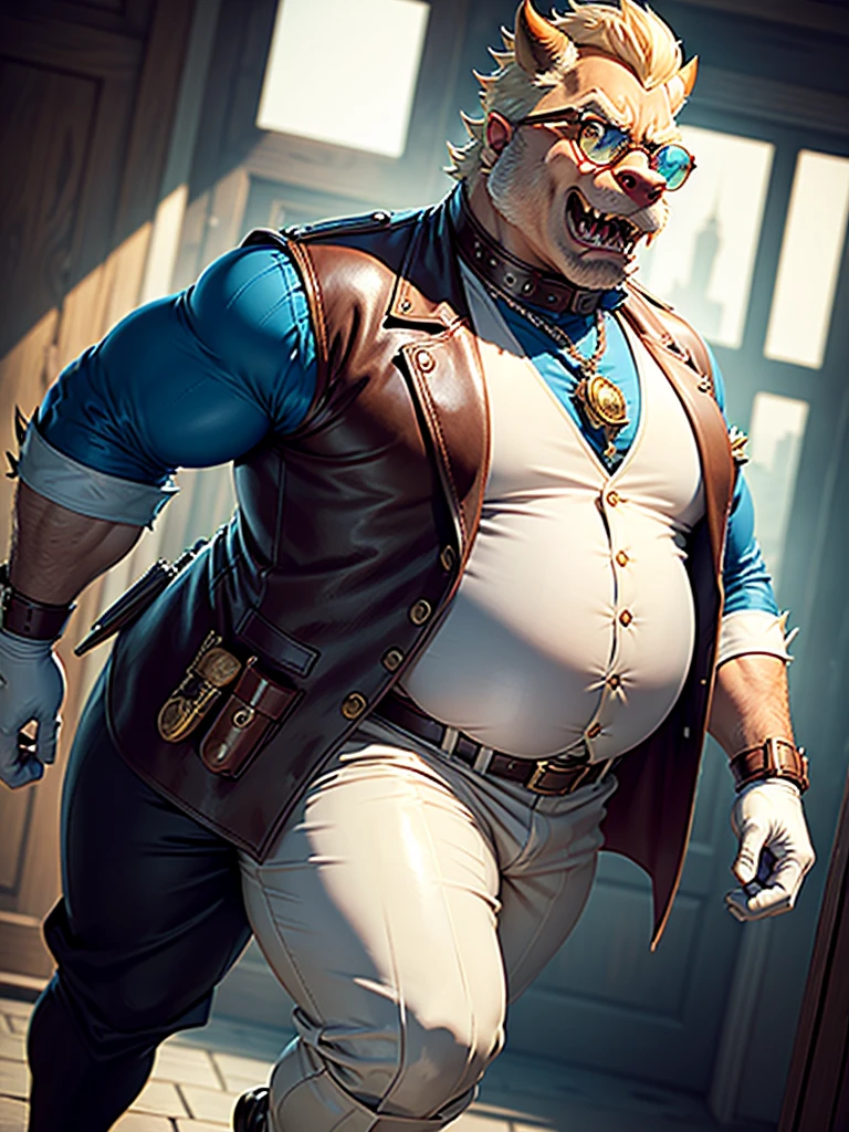 Bowser, leather collar, white rubber gloves on hands and feet, wearing white spats on feet, white fancy spats on feet, fat, bulging belly, large belly, Police Uniform, Police Outfit, stomping the ground, stomping feet on the ground, rubbing his belly, walking towards viewer, neck bulge, open mouth, jockstrap, (high quality,4k,8k,highres,masterpiece:1.2),ultra-detailed,(realistic,photorealistic,photo-realistic:1.37), masterpiece,(intricate details), captivating artwork, artistically rendered, masterful strokes, attention to detail, tasteful composition, alluring charm, careful shading, great attention to anatomy, meticulous rendering, impeccable craftsmanship, vivid colors, perfect balance between realism and fantasy. Solo, Male, fat, extremely obese, gentleman, dapper Professor Bowser, bulging belly, large belly, blue eyes, (posing:1.3), (soft shading), 4k, hi res, ((detailed face, detailed)), mouth wide open, city, police setting, collared shirt with buttons, top hat, male focus, Explorer Outfit, glasses, monocle, vest with buttons, sleeves rolled up, round eyewear, brown headwear, brown vest, Bowser is wearing a glossy leather dog collar around the neck, Bowser is wearing the leather collar and shirt and vest at the same time, Bowser is wearing glossy white rubber gloves on the hands, wearing white rubber gloves on the feet, gloves are rubber in texture, clenching teeth, leather collar is glossy and shiny with a lot of detail, Bowser is wearing gloves and leather collar at the same time, leather collar has a round dog-tag, leather collar is thick and detailed, Police attire.