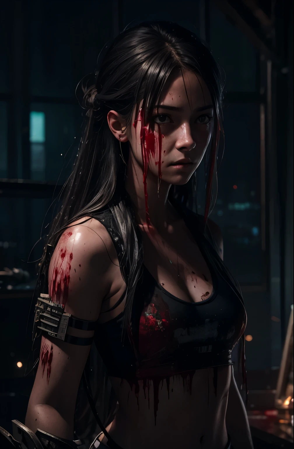 a cute girl, (epic portrait:0.85), flowing hair, sweaty skin, night, [[soft cinematic light, adobe lightroom, photolab, hdr, intricate, highly detailed, ]], ((by brian m viveros)), (depth of field), epic realistic, (bloodpunk:1.2), gore