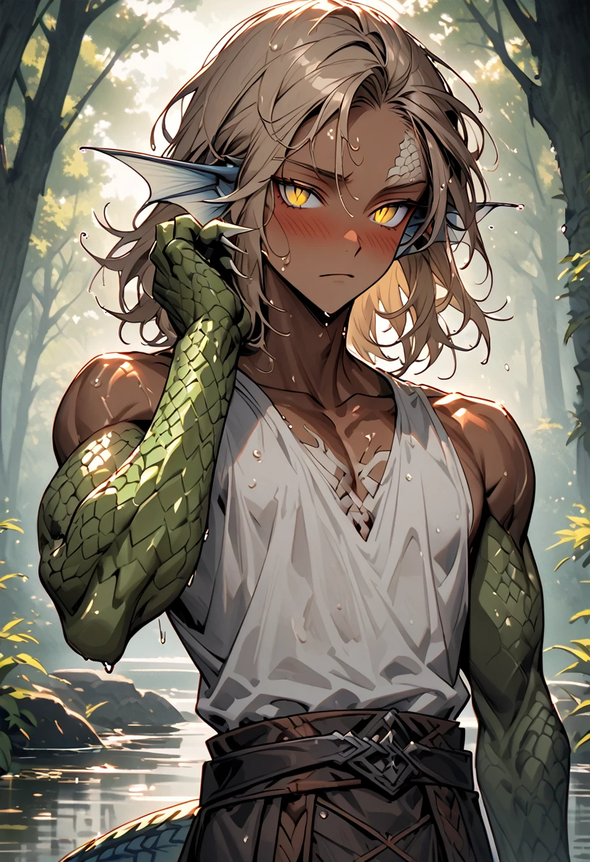 male, solo, very tall, large, human face:1.4, slim waist, fit, short messy light brown hair, yellow eyes, slit pupils, lizard tail, claws for hands, scales on arms:0.2, light tan skin, broad shoulders, clean shaven, scaly head-fins instead of ears, blushing heavily, fit arms:0.7, cabin indoors, bare shoulders, revealing medieval clothes, young feminine male