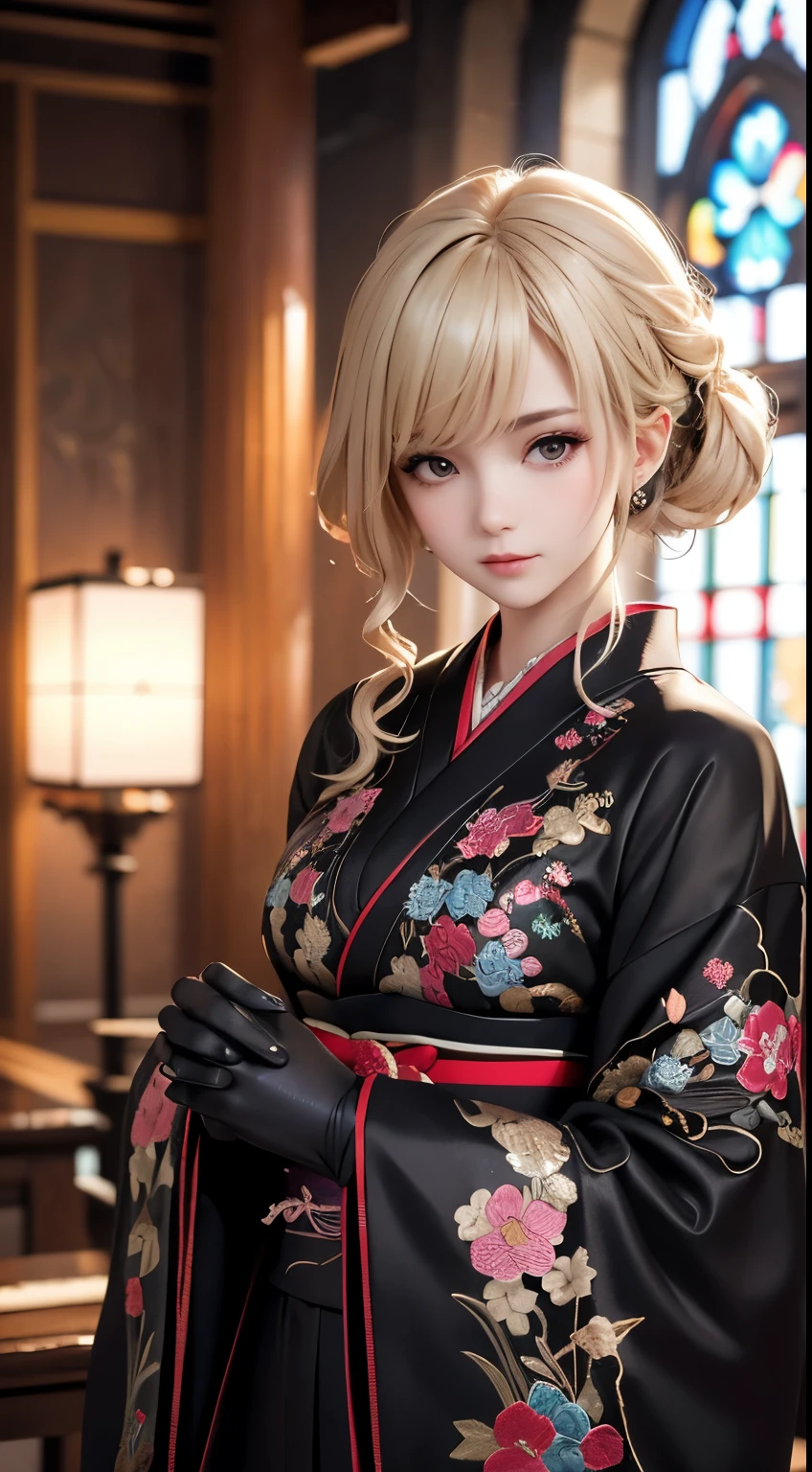 face forward, A beautiful woman, Light blonde hair, soft loose curls, black gloves, Elaborate Costumes(High-end kimono(Black kimono(Detailed embroidery))), black lace gloves, Light blonde hair, soft loose curls, elegant and mysterious atmosphere, indoor setting, smooth pale skin, reflective and contemplative pose with a hand near the face, dark and moody background, close-up shot with shallow depth of field highlighting the texture and intricate design of the dress. Japanese gothic, church, fearless smile