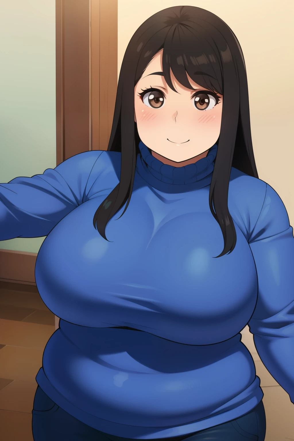 2 chubby big boobs black hair brown eyes chubby happy long hair blushing smile deredere sweater 