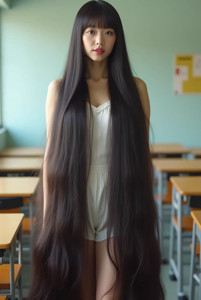 British lady with long black hair in the classroom in London, selfie 