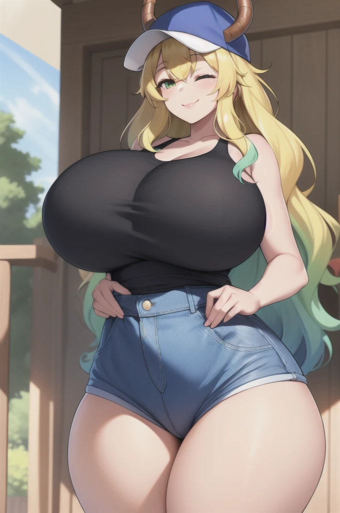 (best quality:1.2), 1girl, (masterpiece:1.2), raytracing, ultra detailed,detailed face, 8k wallpaper, narrow waist, wide hips, smile, outdoor, LucoaDragonMaid_NDV, 1girl, multicolored hair, blonde hair, huge breasts, long hair, horns, denim shorts, tank top, black thighhighs, multicolored eyes, baseball cap,  (green eyes, one eye closed:1.2)