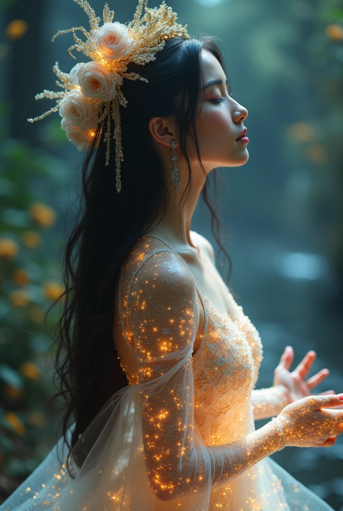 (Masterpiece, Best Quality:1.3), highres, (8k resolution), (ultra-detailed:1.1), madgod, stop motion, horror, 1 girl wearing lace side boob tanktop in forest, glowing, water bubble, photorealistic, glowing:0.3, (details:1.2), volumetric lighting, (extremely detailed), bubble, Side boobs!