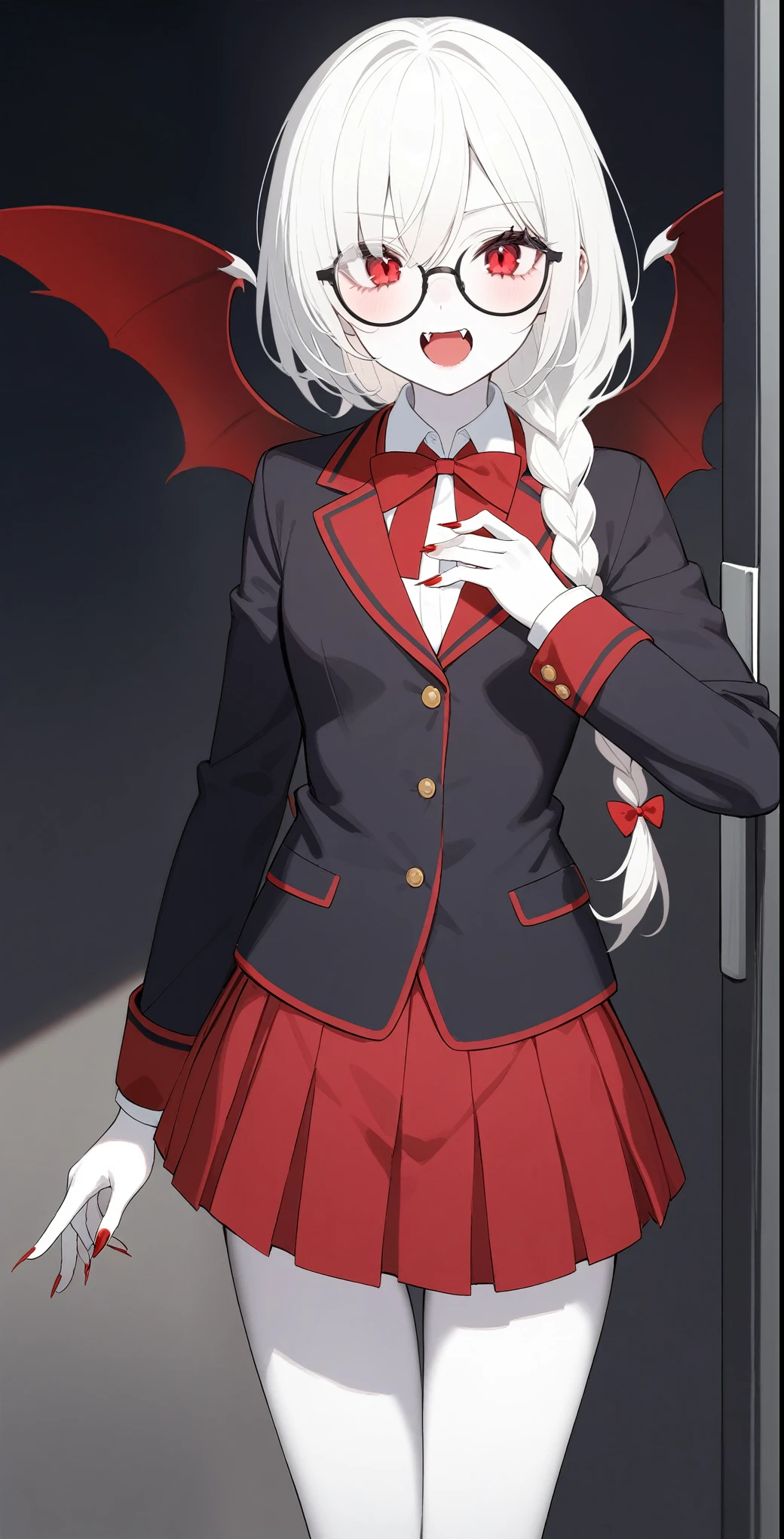 1 Girl、Braided Short、Red eyes、Fangs growing、vampire、Japanese、high school 、Pure white pale skin、Pure white hair、Wearing a skirt、Wearing a shirt、Wearing a blazer、Height 150~Over 170 cm、vampire学校の生徒、Red nails、Slightly sharp nails、Slightly large boobs、Round Glasses、Introvert girl
