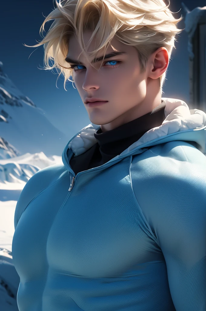 (absurdres, highres, extremely detailed, Ultra High Definition, masterpiece), The Arctic Sentinel: A tall, muscular man stands against the backdrop of a frozen landscape, snow gently falling around him, solo, Full length portrait: 1.5, beautiful detailed eyes, beautiful detailed lips, extremely detailed eyes and face, smooth skin, a hot glow in his skin, perfect body, large chest, extremely large breasts, big nipples, sexy gaze, sexy expression, sexy posture, short hairstyle, bulge:1.2, His bio-tech suit glows with icy-blue and white lights, mimicking the northern lights above. His large chest is partially exposed, the suit hugging his muscular form. His smooth, flawless skin contrasts with the cold surroundings, and his short, platinum-blond hair enhances the ice-like sharpness of his features. His piercing blue eyes lock onto the viewer’s gaze with a captivating allure, radiating strength, calm, and sensuality in the icy wilderness. Beautiful, gorgeous, wet, sensual, alluring, erotic, mature, His presence blends effortlessly with the scene creating a breathtaking sense of sensuality and allure. Breathtaking grandeur, model pose, focus on his calm facial features, elegant look, full body view,