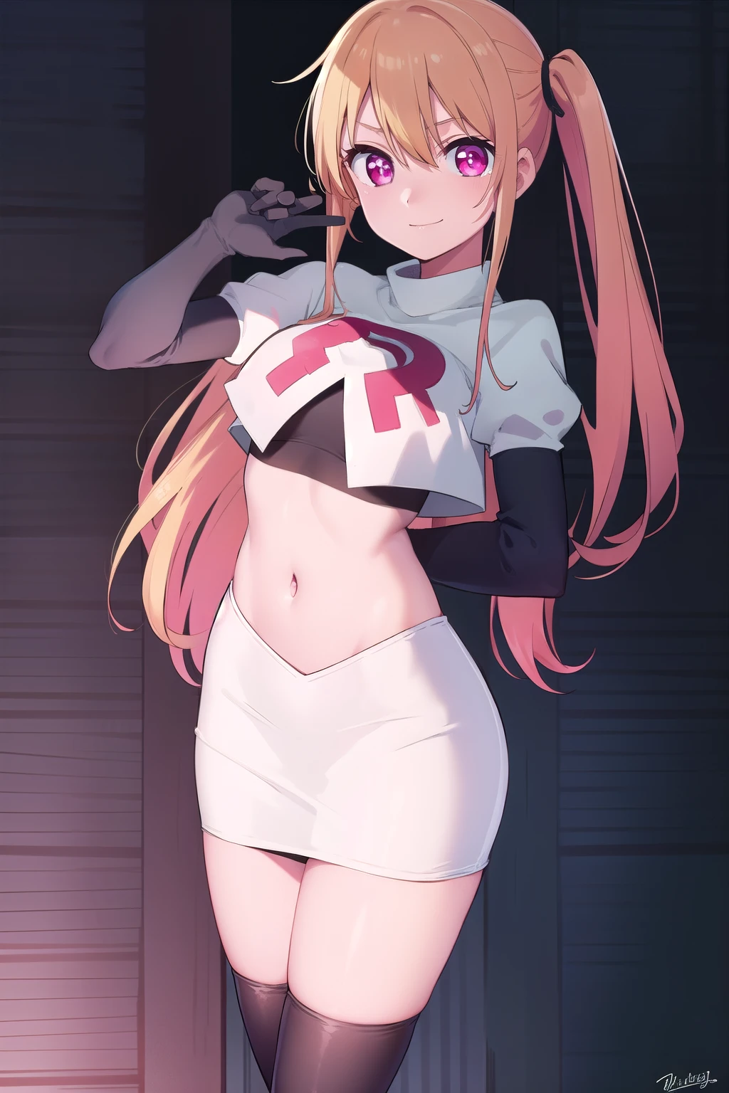 rubyhoshino, ruby hoshino, long hair, bangs, blonde hair, (pink eyes:1.3), sidelocks, (symbol-shaped pupils:1.5), multicolored hair, two-tone hair, smile,
BREAK side ponytail, team rocket,team rocket uniform,white skirt,red letter R,crop top,black thigh-highs,black elbow gloves,
BREAK looking at viewer, cowboy shot,
BREAK (masterpiece:1.2), best quality, high resolution, unity 8k wallpaper, (illustration:0.8), (beautiful detailed eyes:1.6), extremely detailed face, perfect lighting, extremely detailed CG, (perfect hands, perfect anatomy),