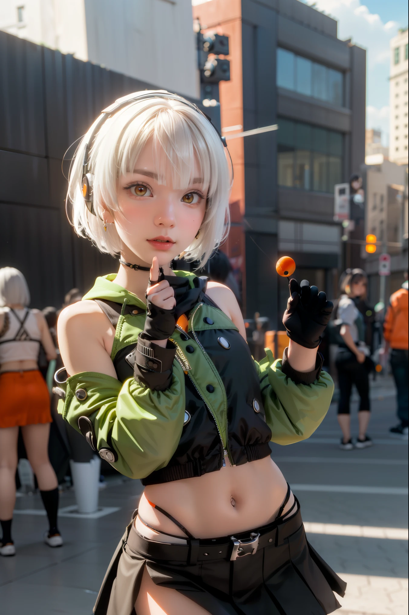 Anubidemara, Anbi Demara, (orange eyes:1.5), short hair, white hair,
Take a break bare shoulders, black glove, black skirt, black thigh high, fingerless glove, glove, green jacket, earphones, jacket, navel, skirt, abdomen, thigh high,
Take a break outdoors, city, abdomenฟ้า, cloud, sun, building, crowd, population, alley,
Take a break looking at viewer, (cowboy shoot:1.5),
Take a break (Masterpiece:1.2), best quality, high resolution, Harmony wallpaper 8K, (illustration:0.8), (Beautifully detailed eyes:1.6), Very detailed face, perfect lighting, The CG is very detailed., (perfect hand, perfect anatomy),