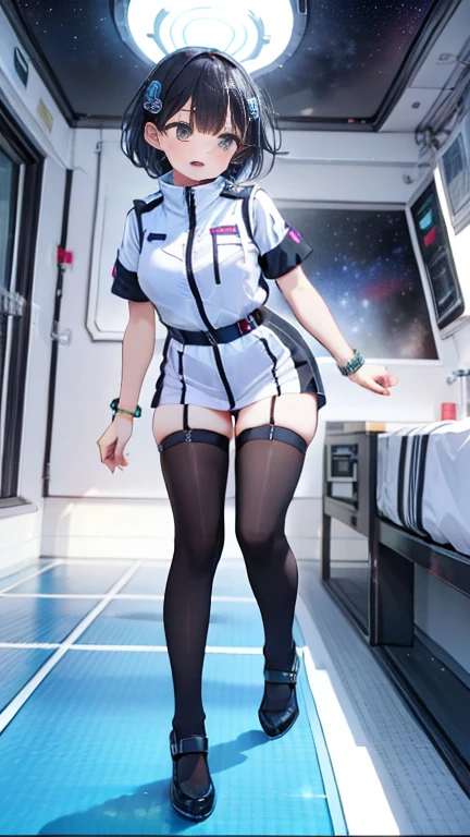 (Best Quality), (masterpiece), 1080P, High resolution, 4K, 8k, Inside the space station、Futuristic room、Thigh straps, Shooting from directly below, The woman on top of me, 白いsweat, Covered , sweat, Woman looking down, Skirt swimsuit, Thigh-high socks, To achieve this, , , whole body, Black leather shoes, Braided Hair, Inner Color, Embarrassed face, Short black hair, bracelet, bedroom,astrovest
