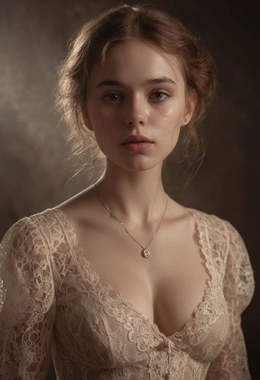 a sensual  victorian era girl,beautiful face,detailed facial features,transparent lace dress,low cut neckline,transparent chest seethrough nipples, provocative pose,1girl,photorealistic,exquisite lighting,soft warm colors,dramatic chiaroscuro,masterpiece,ultra-detailed,cinematic, Tons sépia, esthétique du XIXe siècle, expression excité, col décolleté en dentelle