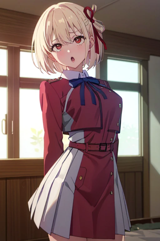 (masterpiece, best quality:1.4), indoor, looking at viewer, :o , cowboy shot, chisato nishikigi, blonde hair, short hair, red eyes, (rolling eye:1.3), medium breasts, hair ribbon, (lycoris uniform, long sleeves, two-tone dress, pleated dress, collared shirt, kneehighs:1.1), arms behind back