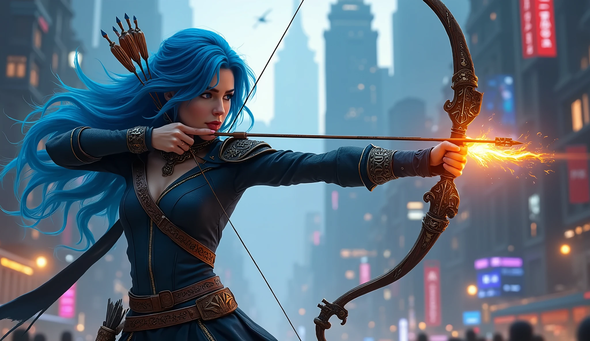 a woman with blue hair and a bow and flaming arrows in a dark city, fantasy art style épica hd, detailed fantasy art, detailed fantasy digital art, 4k fantasy art, arte de highly detailed fantasy, detailed 2d digital fantasy art, fantasy art hd, fantasy art cgi anime 2. 5 d, fantasy art style épica, highly detailed fantasy, high quality fantasy art, fantasy art style