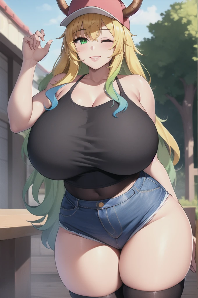 (best quality:1.2), 1girl, (masterpiece:1.2), raytracing, ultra detailed,detailed face, 8k wallpaper, narrow waist, wide hips, smile, outdoor, LucoaDragonMaid_NDV, 1girl, multicolored hair, blonde hair, huge breasts, long hair, horns, denim shorts, tank top, black thighhighs, multicolored eyes, baseball cap,  (green eyes, one eye closed:1.2)