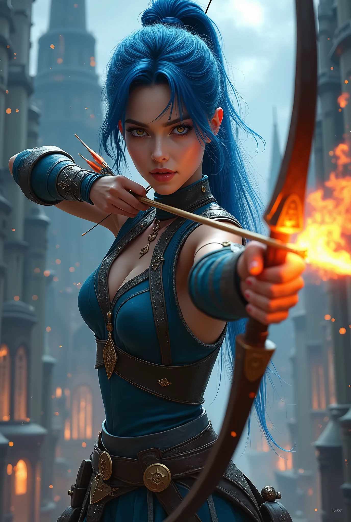 a woman with blue hair and a bow and flaming arrows in a dark city, fantasy art style épica hd, detailed fantasy art, detailed fantasy digital art, 4k fantasy art, arte de highly detailed fantasy, detailed 2d digital fantasy art, fantasy art hd, anime cgi fantasy art 2. 5 d, fantasy art style épica, highly detailed fantasy, high quality fantasy art, fantasy art style