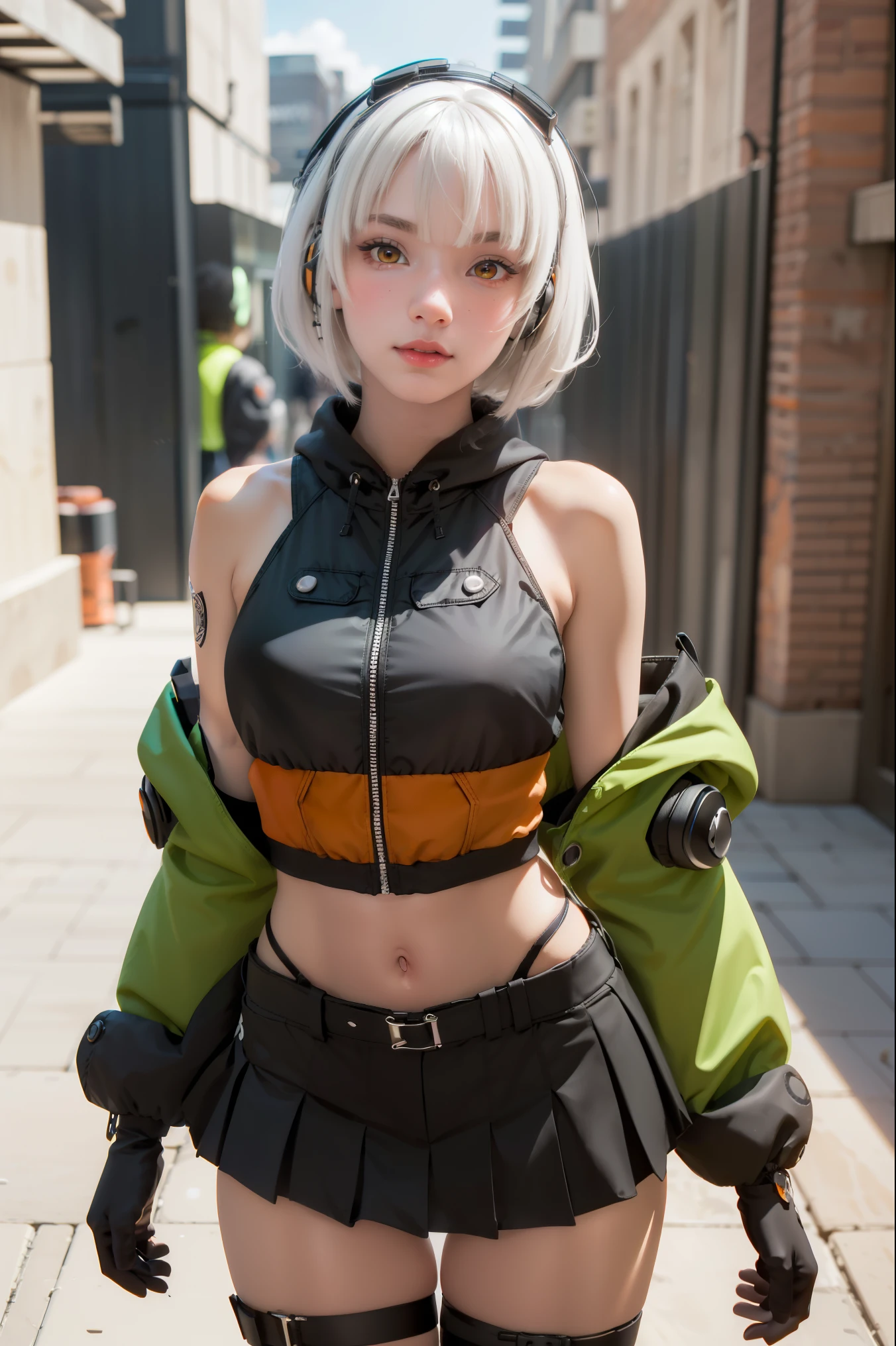 Anubidemara, Anbi Demara, (orange eyes:1.5), short hair, white hair,
Take a break bare shoulders, black glove, black skirt, black thigh high, fingerless glove, glove, green jacket, earphones, jacket, navel, skirt, abdomen, thigh high,
Take a break outdoors, city, abdomenฟ้า, cloud, sun, building, crowd, population, alley,
Take a break looking at viewer, (cowboy shoot:1.5),
Take a break (Masterpiece:1.2), best quality, high resolution, Harmony wallpaper 8K, (illustration:0.8), (Beautifully detailed eyes:1.6), Very detailed face, perfect lighting, The CG is very detailed., (perfect hand, perfect anatomy),