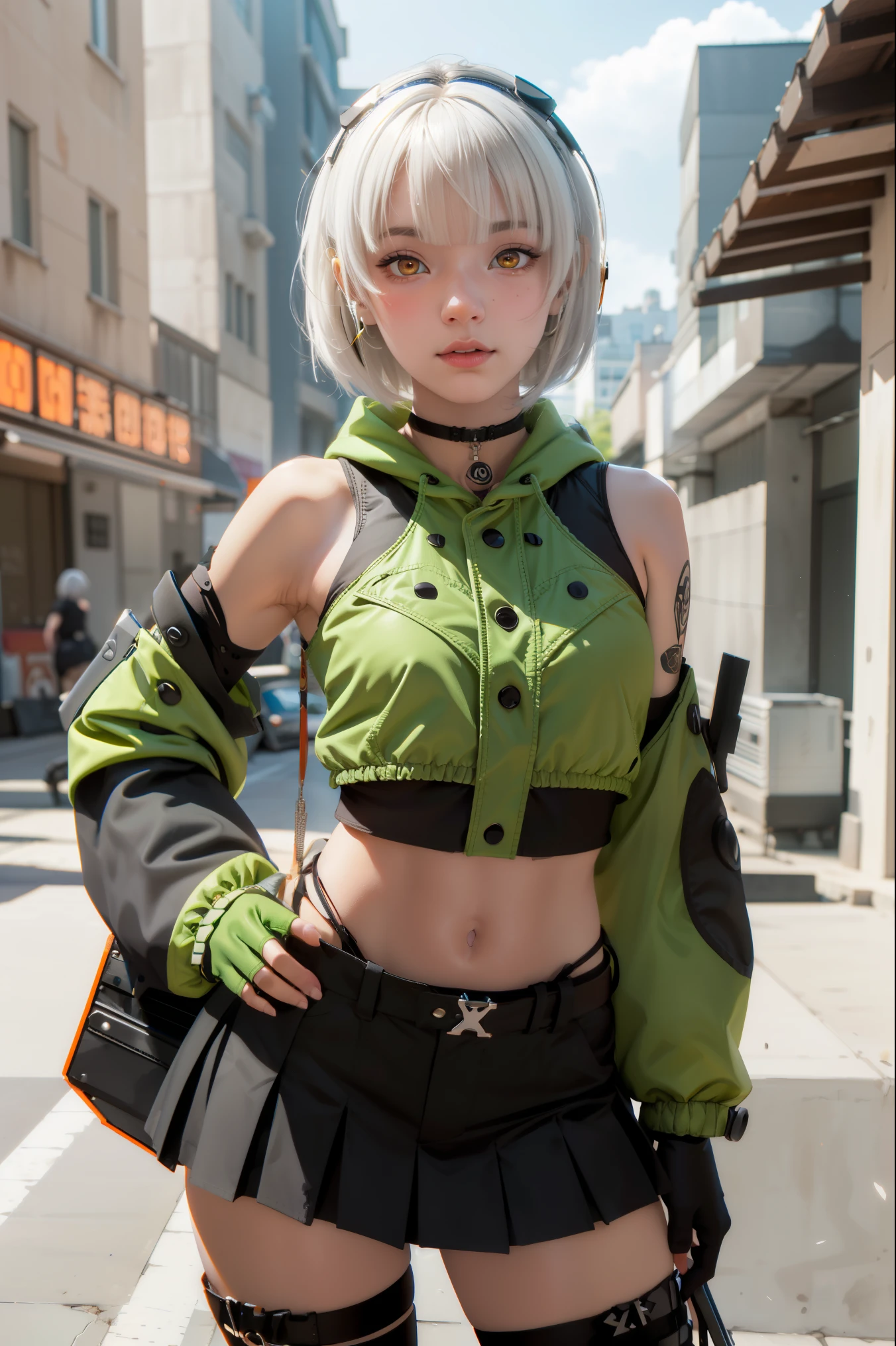 Anubidemara, Anbi Demara, (orange eyes:1.5), short hair, white hair,
Take a break bare shoulders, black glove, black skirt, black thigh high, fingerless glove, glove, green jacket, earphones, jacket, navel, skirt, abdomen, thigh high,
Take a break outdoors, city, abdomenฟ้า, cloud, sun, building, crowd, population, alley,
Take a break looking at viewer, (cowboy shoot:1.5),
Take a break (Masterpiece:1.2), best quality, high resolution, Harmony wallpaper 8K, (illustration:0.8), (Beautifully detailed eyes:1.6), Very detailed face, perfect lighting, The CG is very detailed., (perfect hand, perfect anatomy),