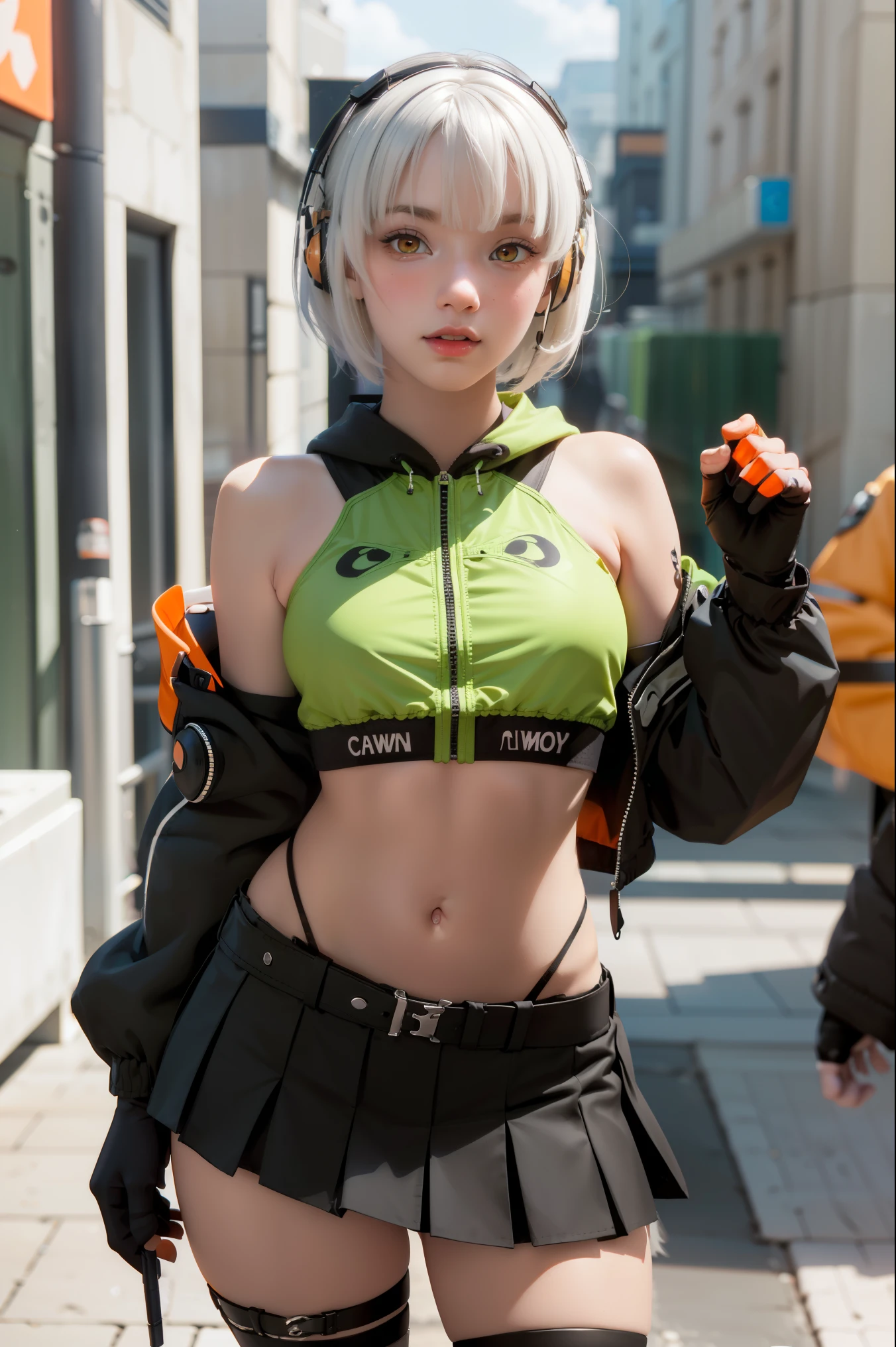 Anubidemara, Anbi Demara, (orange eyes:1.5), short hair, white hair,
Take a break bare shoulders, black glove, black skirt, black thigh high, fingerless glove, glove, green jacket, earphones, jacket, navel, skirt, abdomen, thigh high,
Take a break outdoors, city, abdomenฟ้า, cloud, sun, building, crowd, population, alley,
Take a break looking at viewer, (cowboy shoot:1.5),
Take a break (Masterpiece:1.2), best quality, high resolution, Harmony wallpaper 8K, (illustration:0.8), (Beautifully detailed eyes:1.6), Very detailed face, perfect lighting, The CG is very detailed., (perfect hand, perfect anatomy),