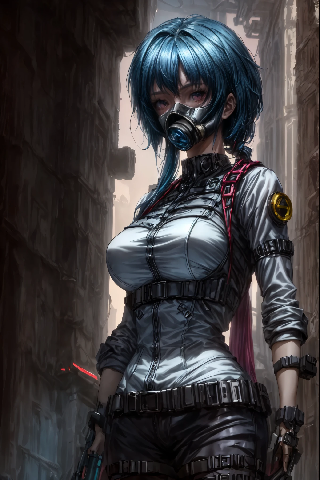 a post-apocalyptic cyberpunk android with short blue hair, An extremely large and perfectly shaped bust., a provocative pose, gas mask, Facial details:1.5, skin texture, hyperrealistic, 8K, ultra detailed, Masterpiece, photorealistic, dramatic lighting, changing colors, dramatic depth of field, intricate mechanical details, intricate circuit, Bright neon accents, Dramatic sci-fi atmosphere, film composition