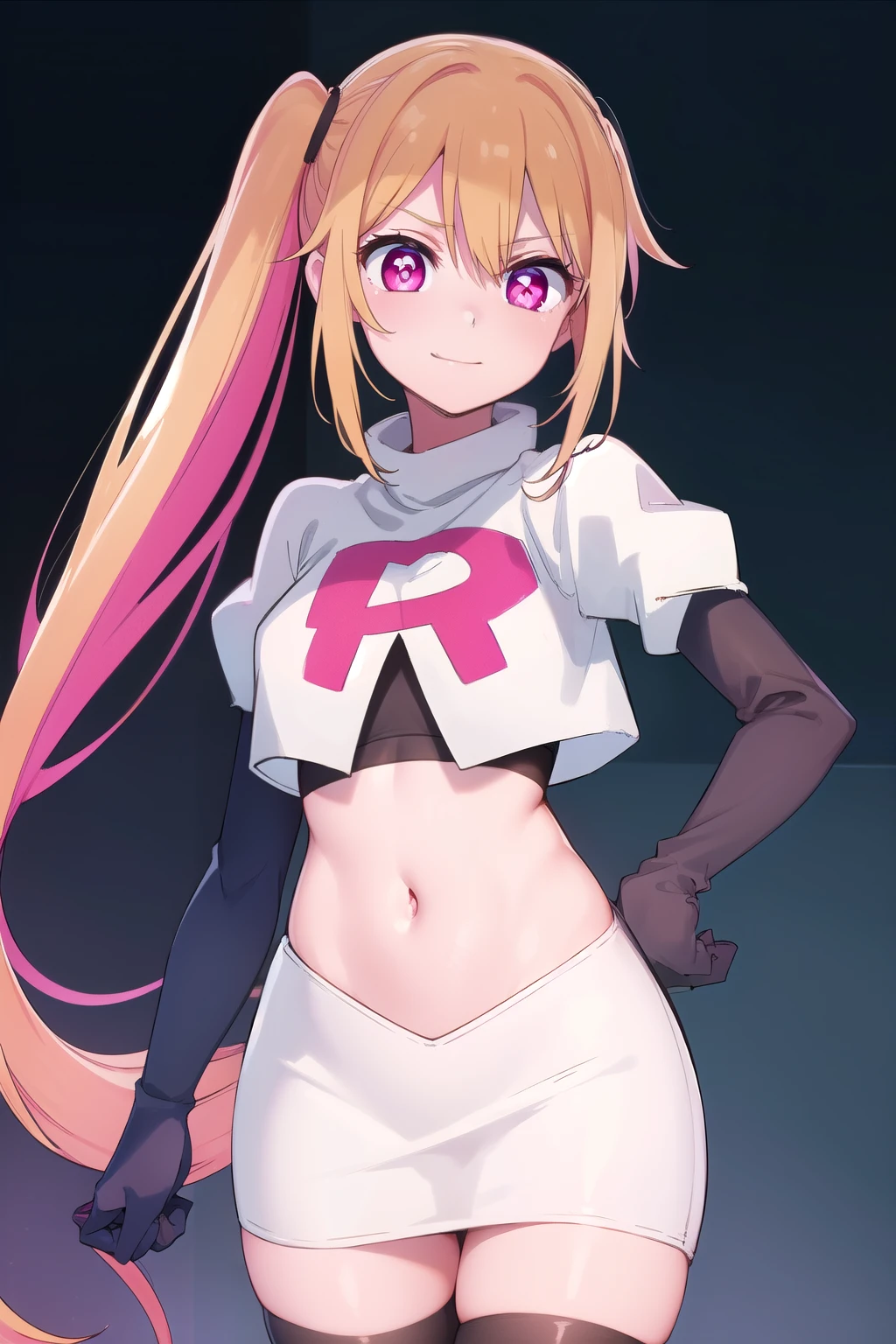 rubyhoshino, ruby hoshino, long hair, bangs, blonde hair, (pink eyes:1.3), sidelocks, (symbol-shaped pupils:1.5), multicolored hair, two-tone hair, smile,
BREAK side ponytail, team rocket,team rocket uniform,white skirt,red letter R,crop top,black thigh-highs,black elbow gloves,
BREAK looking at viewer, cowboy shot,
BREAK (masterpiece:1.2), best quality, high resolution, unity 8k wallpaper, (illustration:0.8), (beautiful detailed eyes:1.6), extremely detailed face, perfect lighting, extremely detailed CG, (perfect hands, perfect anatomy),