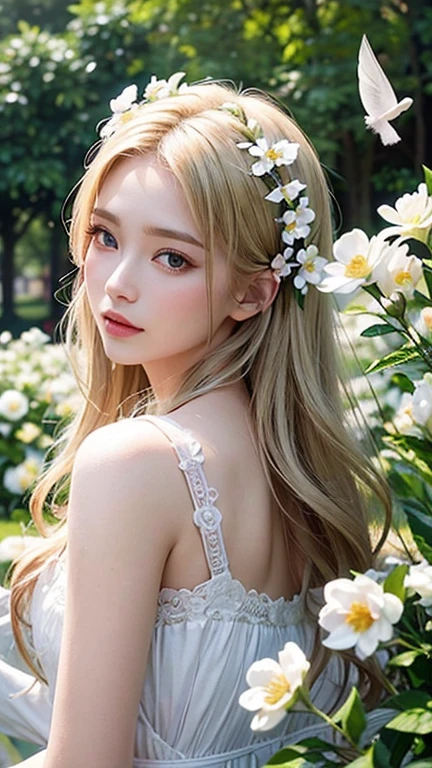 (realistic), (hyperrealism),best quality, masterpiece,ultra high res, (photorealistic:1.4),1girl,pale skin,skinny,(looking at viewer:2), <lora:add_detail:0.6>,forest, flowers, sunlight,
<lora:makina69_xiaoting_v1.0:1>   , (tattered) wedding dress , bare shoulders, upper body,